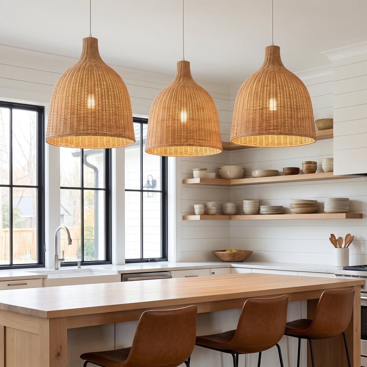 Three wicker bell pendant lamp shades above a modern farmhouse kitchen island