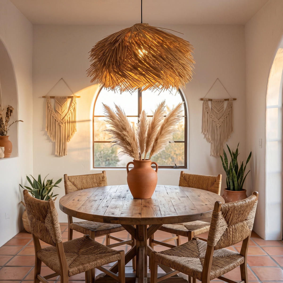 Straw fringe pendant lamp shade above a boho dining table