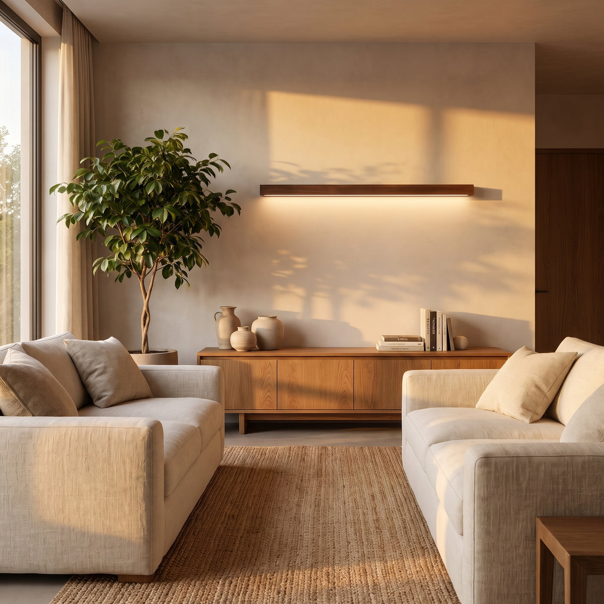 Lineo wood wall light in a living room