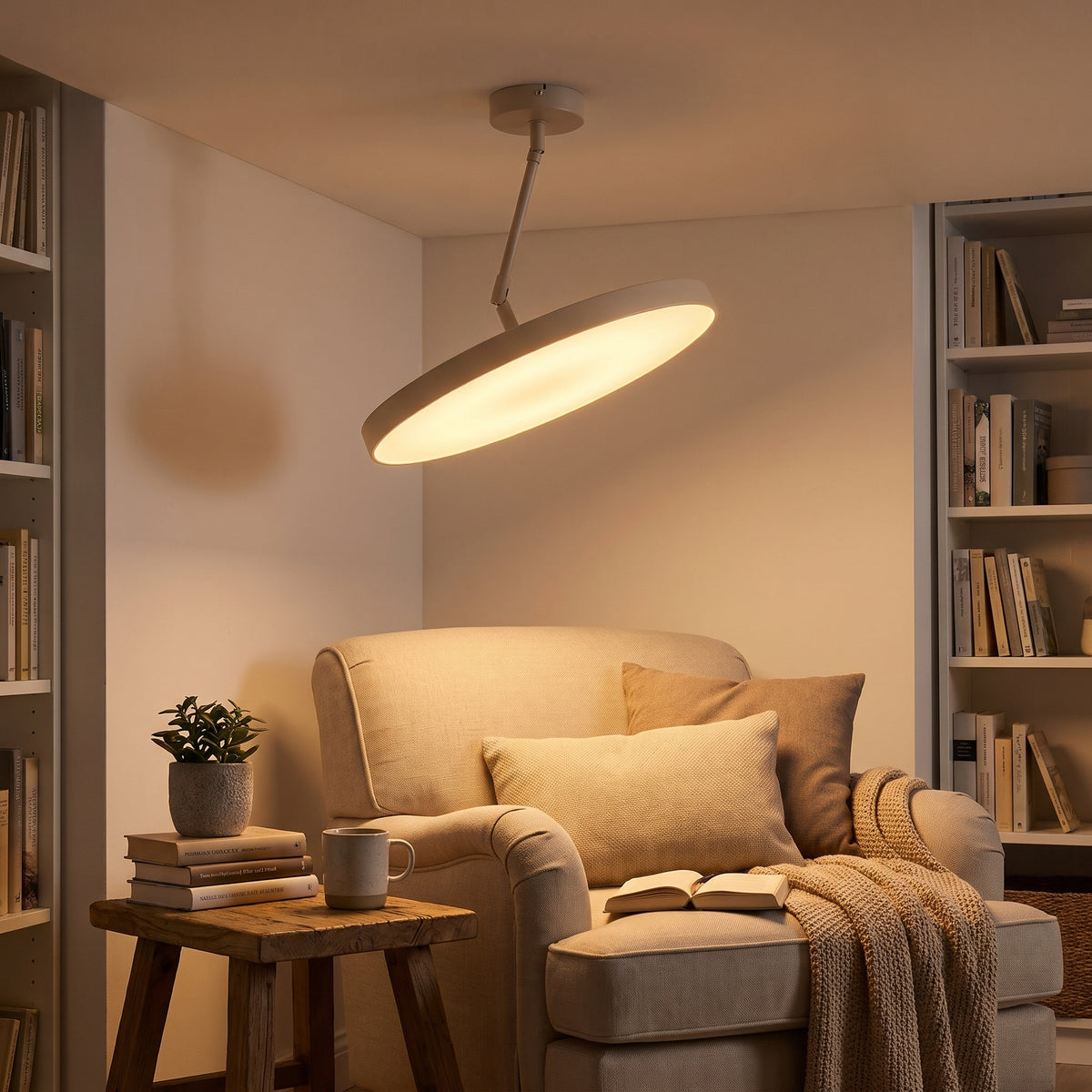 Sway swivel arm ceiling light aimed at a reading chair