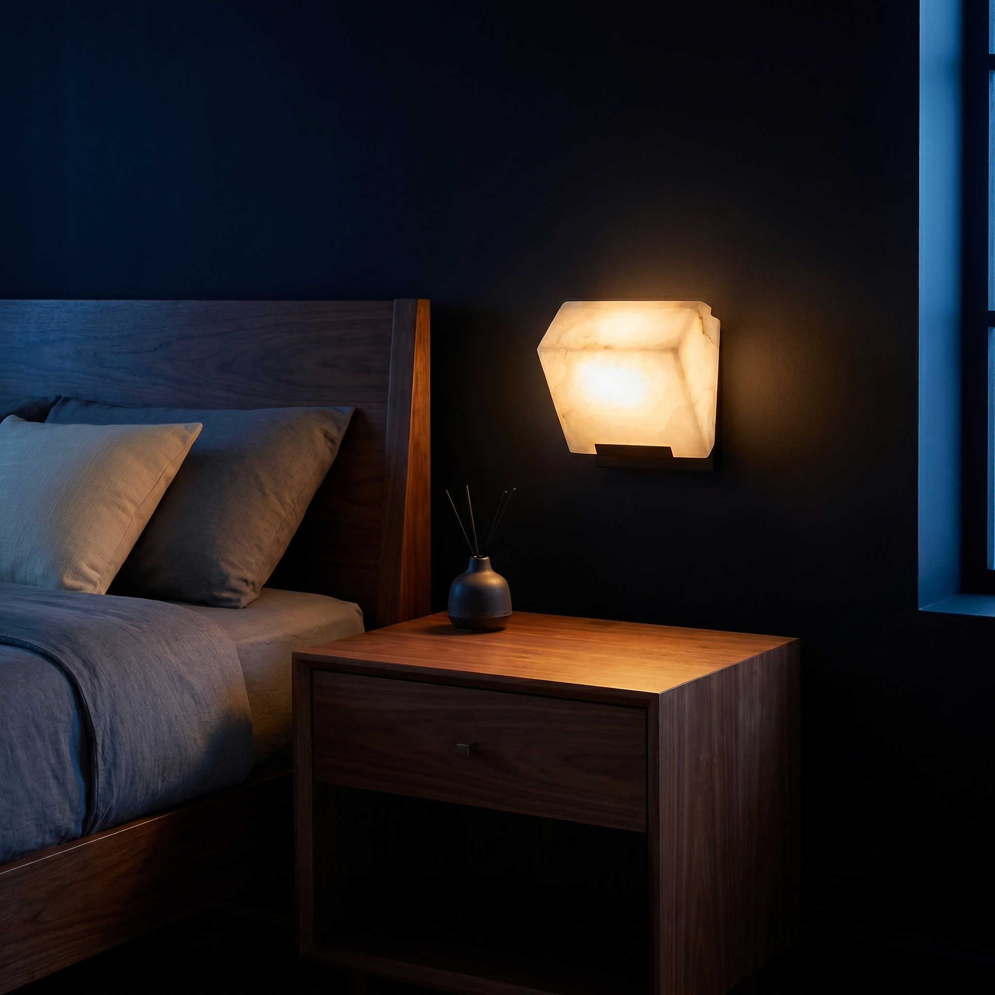 Black faux marble resin single-head LED wall sconce at three-quarter angle lit on bedroom wall with black iron body