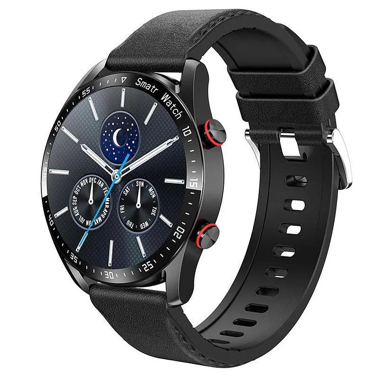 A black GlucoseWave smartwatch with a black leather strap, featuring an analog watch face that displays the moon phase and calendar functions.