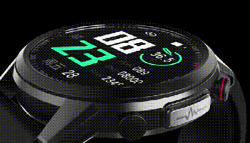 A close-up, animated view of the GlucoseWave smartwatch screen, displaying various real-time health metrics such as temperature and heart rate.