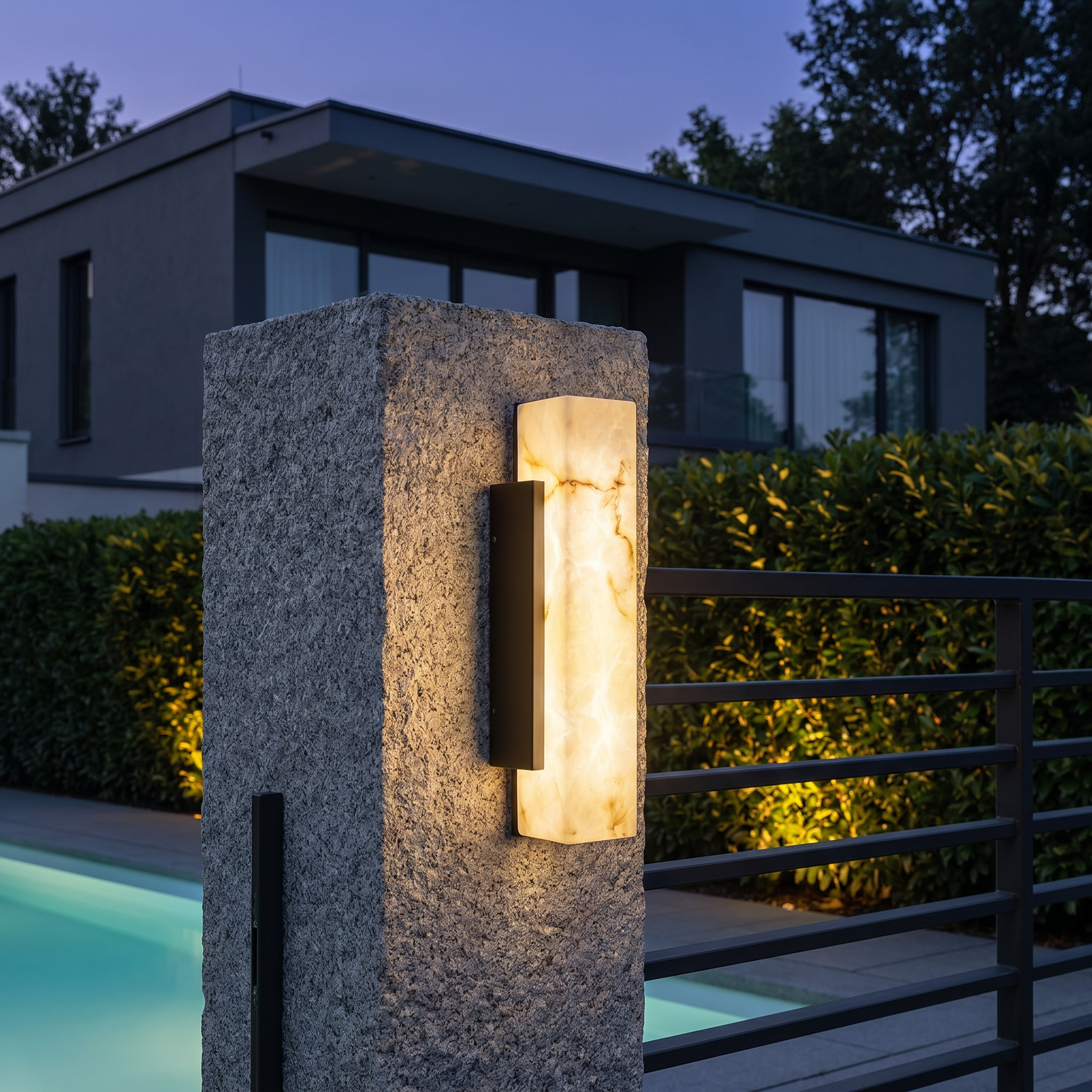 Imitation cloud stone rectangular waterproof LED outdoor wall sconce at three-quarter angle with warm light on villa exterior wall with black bracket