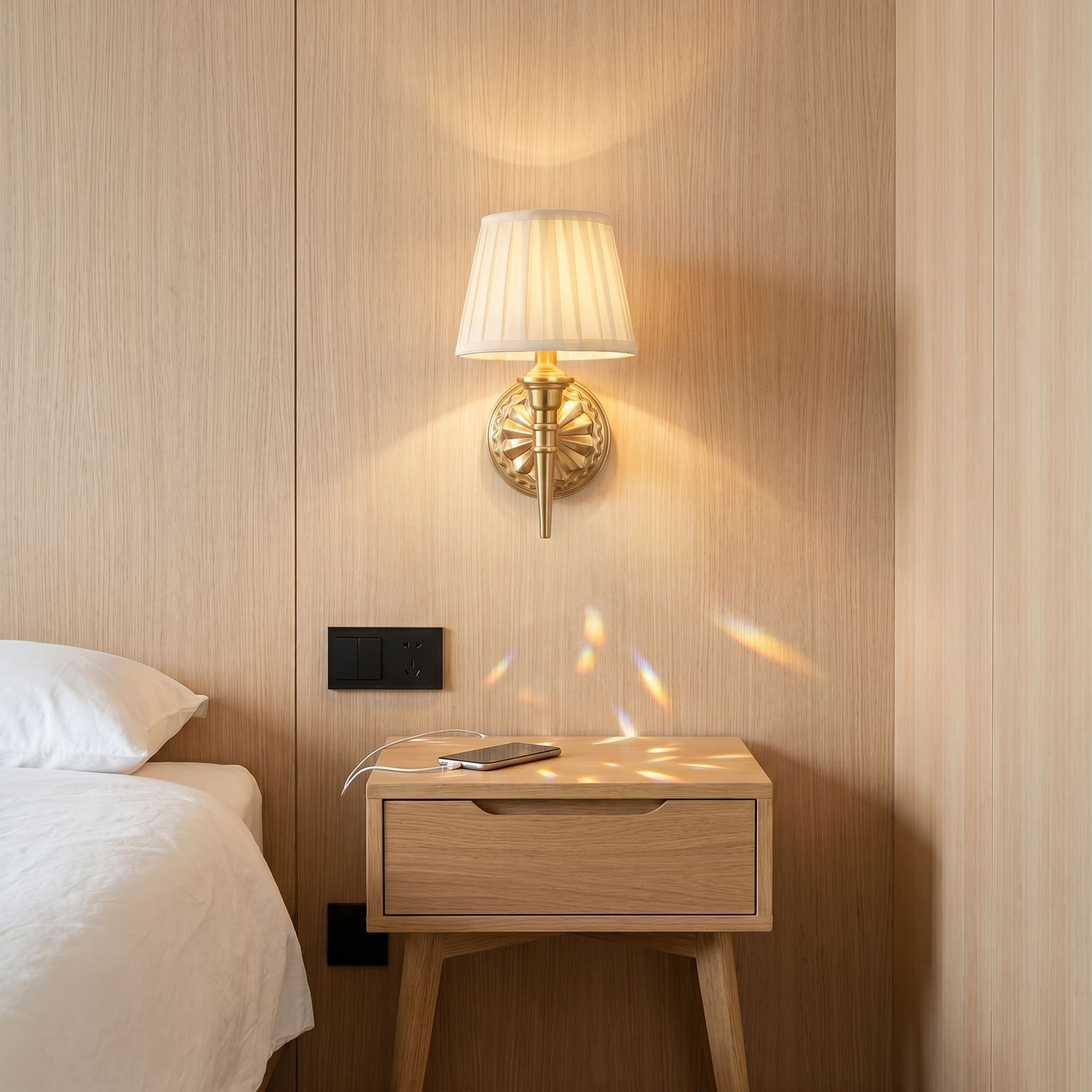 Three-quarter angle lit rechargeable wall lamp mounted on bedroom wall with pull cord switch visible position one