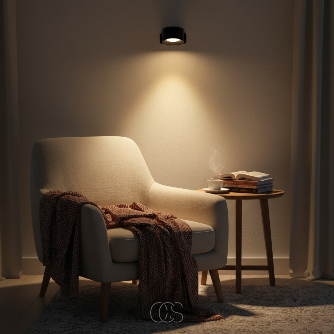 A black Lumos wireless wall lamp mounted on a light wall, casting warm LED light downwards onto a cozy reading nook. The scene features a cream-colored armchair draped a brown blanket, a small wooden side table holding an open book a steaming cup. The lamp provides ambient lighting.