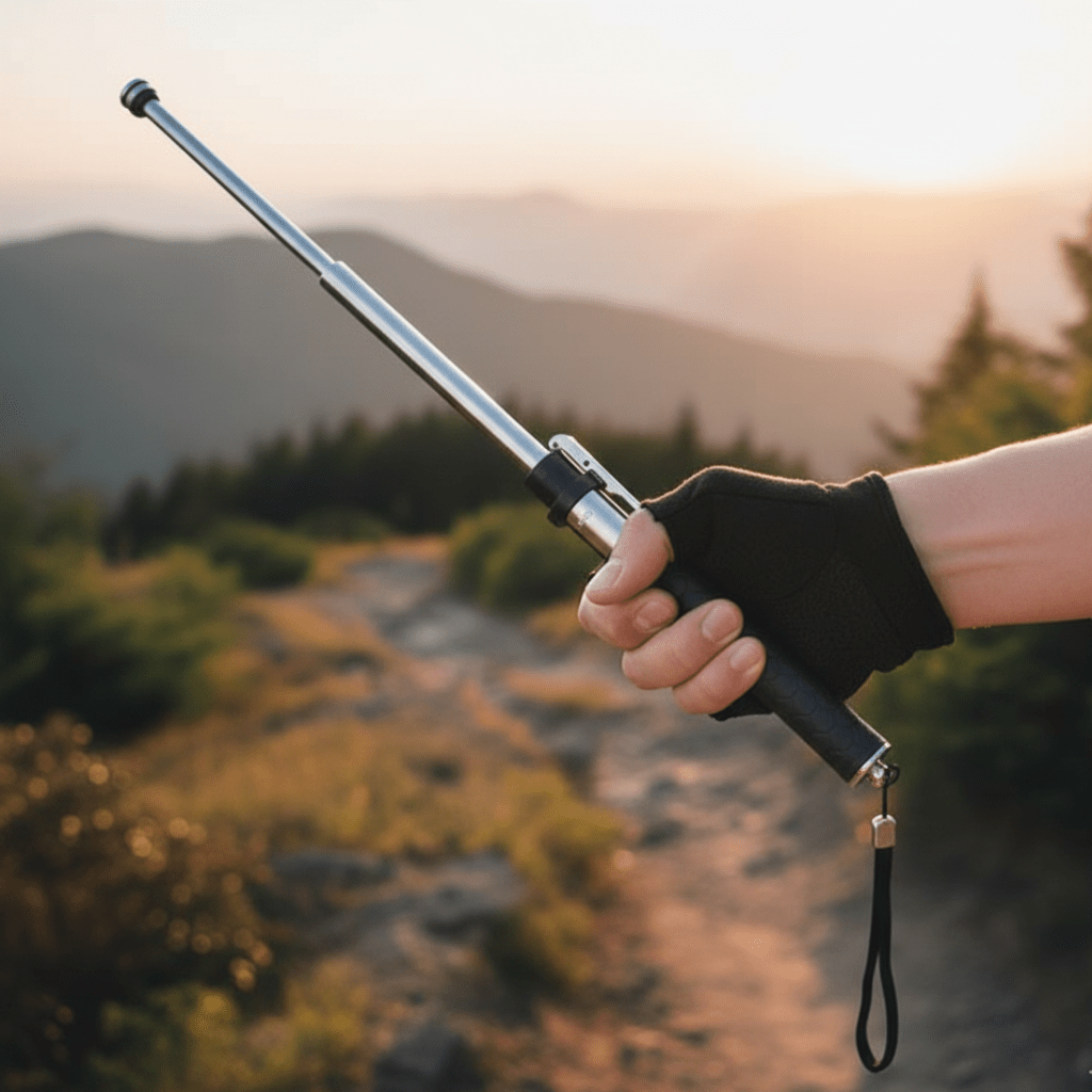 A gloved hand holding the extended Trek Guardian automatic walking stick, set against a scenic outdoor hiking trail at sunset.