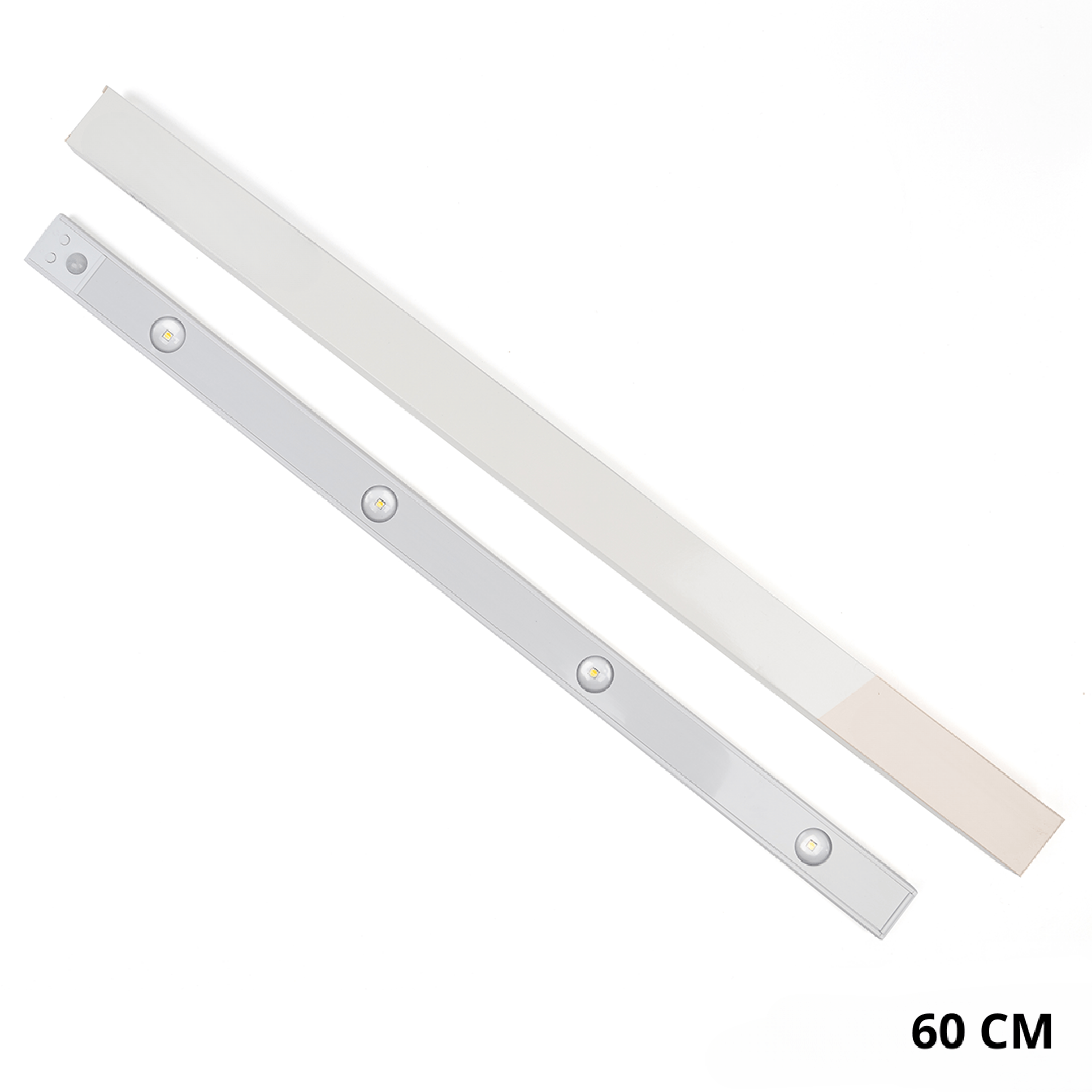 Sora Motion Sensor LED Lamp showing two components: the LED strip with integrated motion sensor and visible LEDs, and the translucent ambient light diffuser cover, both 60 cm in length, on a white background.