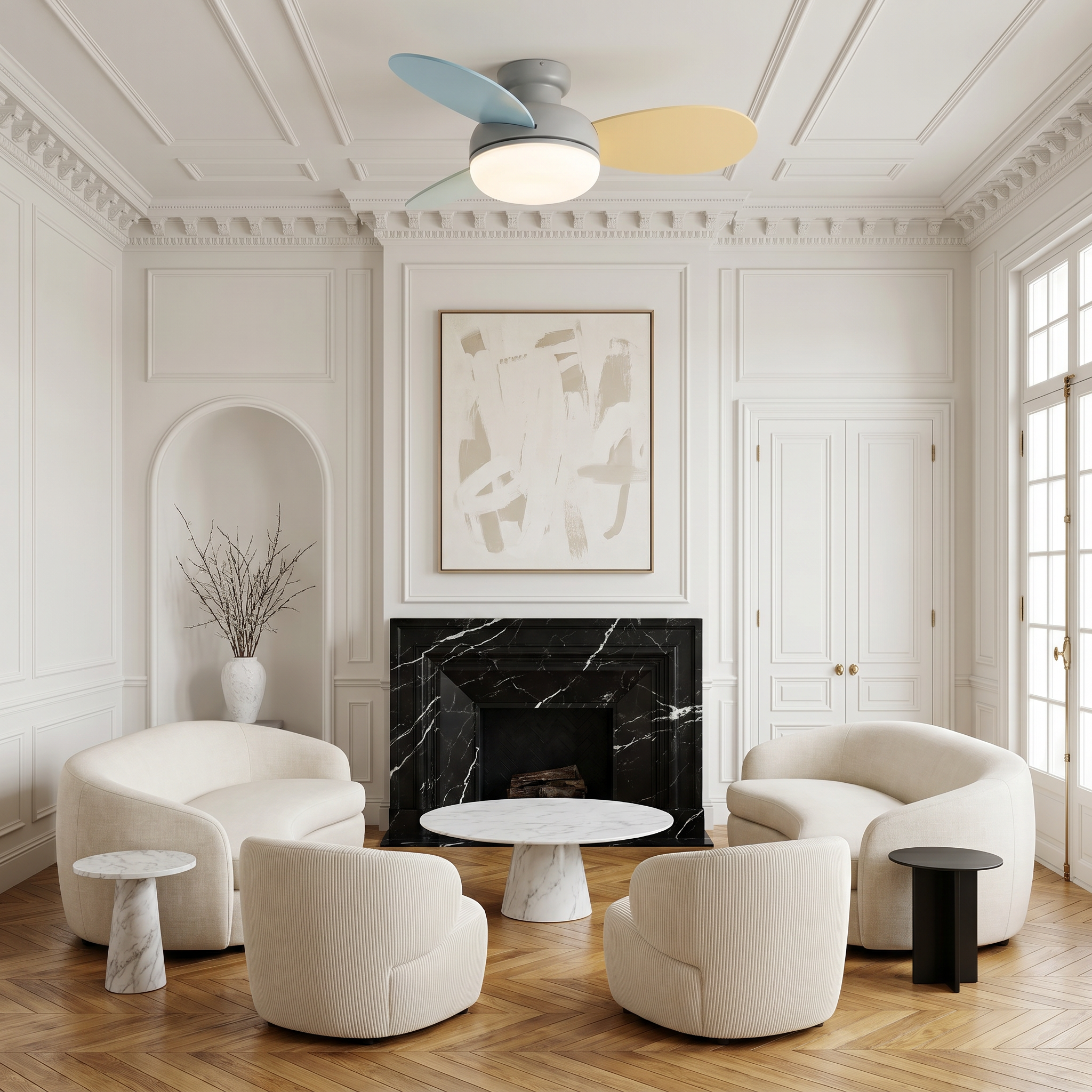 Cream ABS wood 3-blade ceiling fan light in gray 36 inch lit with full spectrum LED in cozy living room lifestyle scene