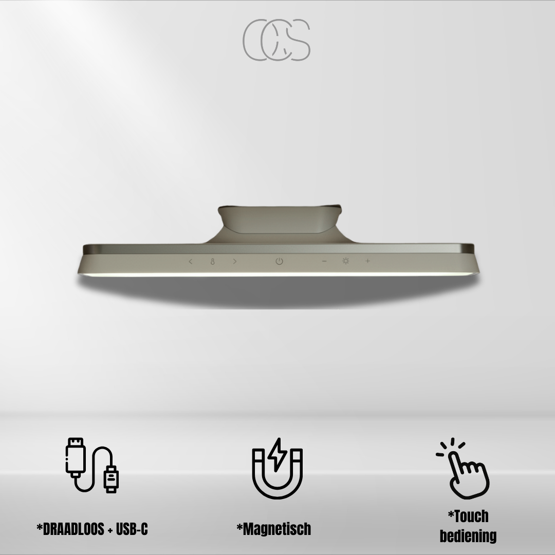 Front view of the Lumora wireless magnetic LED lamp in grey, showcasing its key features with icons for wireless charging, USB-C connectivity, magnetic mounting, and touch control.