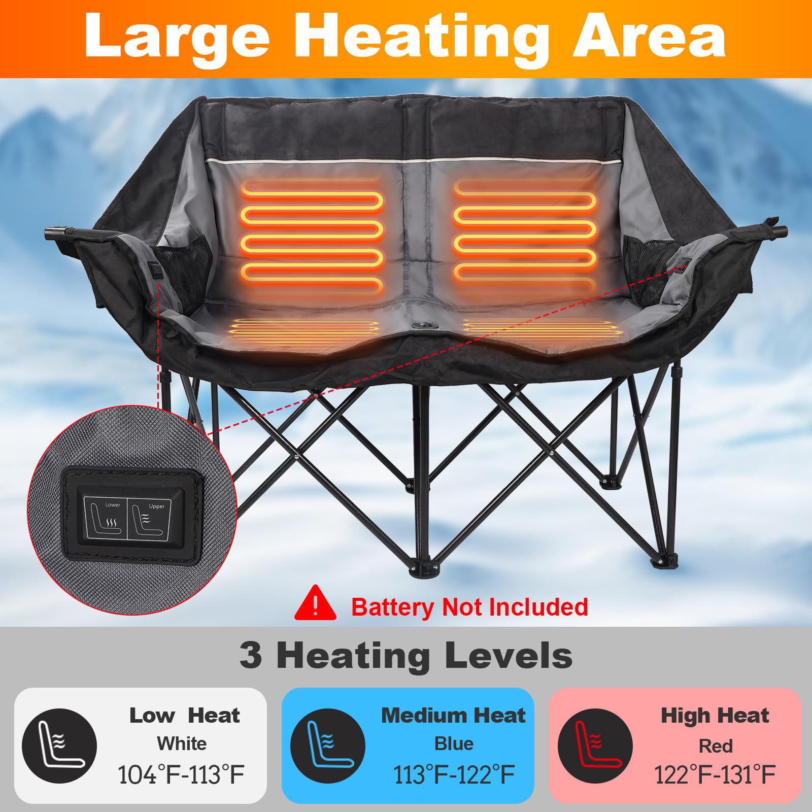 An image highlighting the large heating area of the Alpine Retreat heated camping chair, showing glowing heating elements. It details the three heat levels: Low (104-113°F), Medium (113-122°F), and High (122-131°F), with a close-up of the control panel. Text indicates battery is not included.