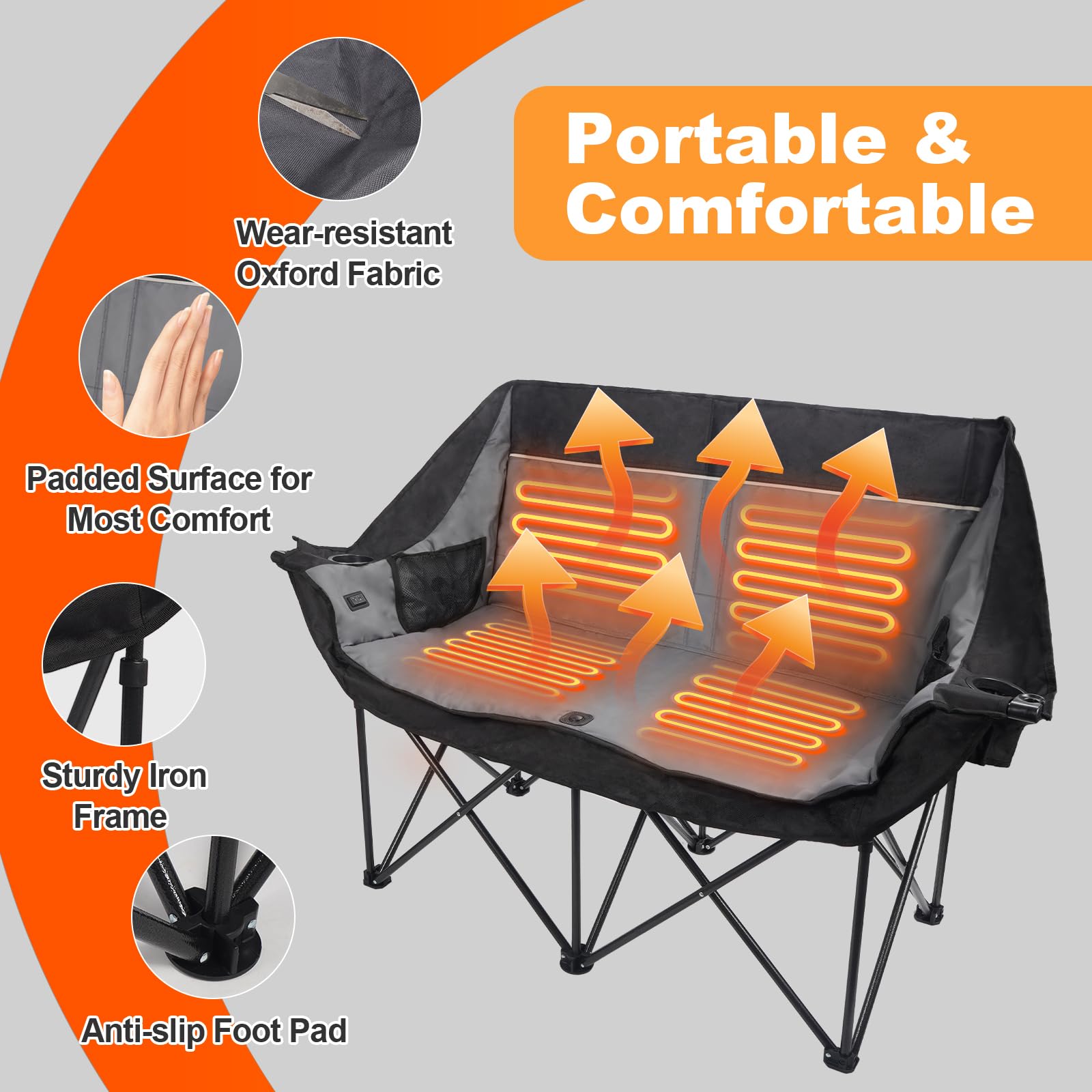 An image showcasing the Alpine Retreat heated camping chair's features: portable and comfortable design, wear-resistant Oxford fabric, padded surface for comfort, sturdy iron frame, and anti-slip foot pads. Glowing heating elements are visible.