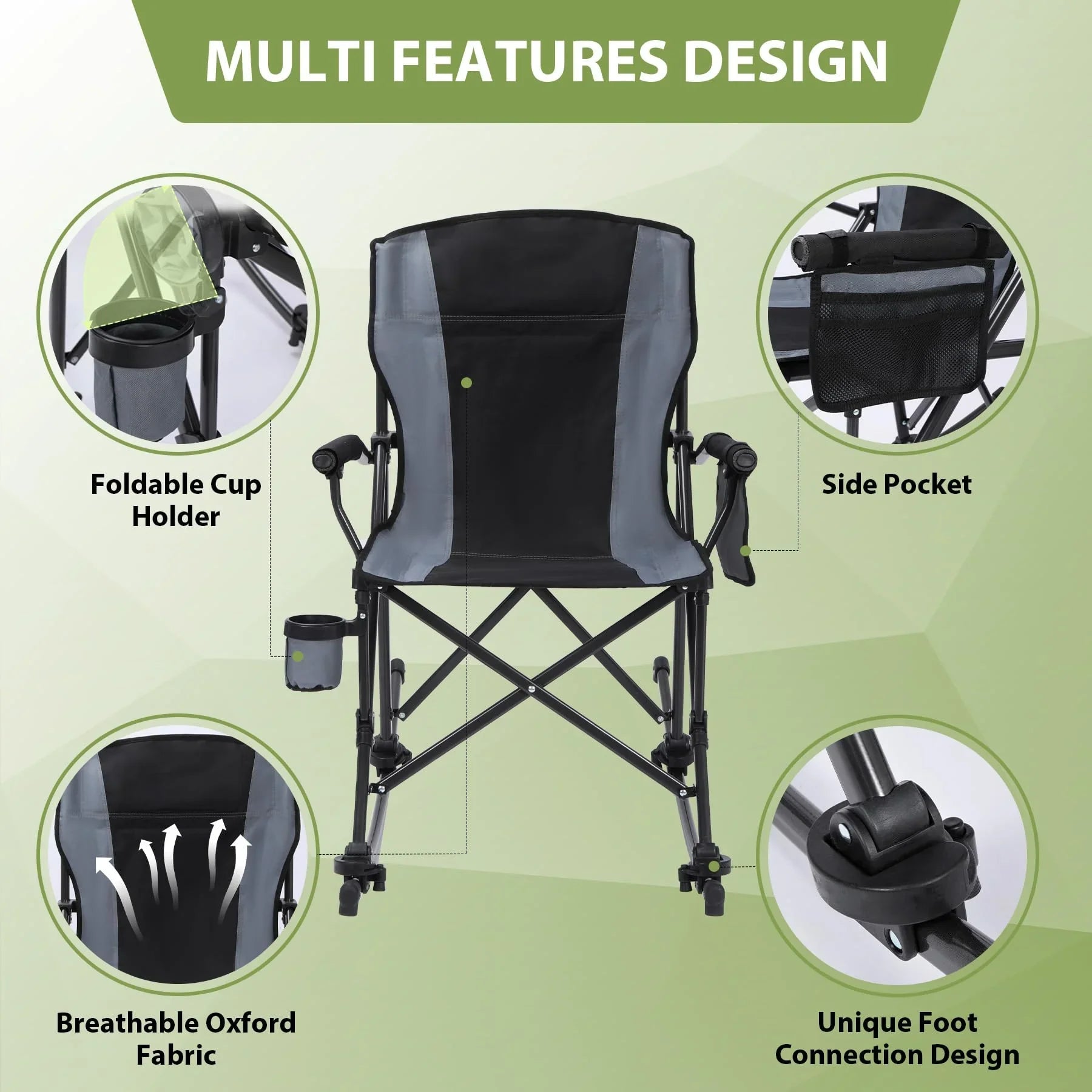 Front view of a black and grey portable outdoor rocking camping chair, highlighting its multi-features: foldable cup holder, side pocket, breathable oxford fabric, and unique foot connection design.