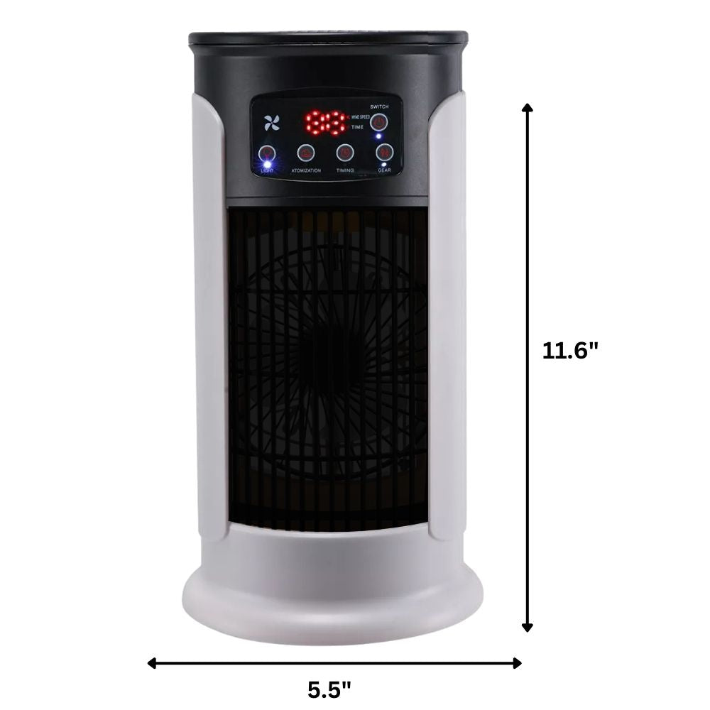 Front view of the Serenity Breeze portable air conditioner unit, displaying its control panel and dimensions: 11.6 inches height and 5.5 inches width.