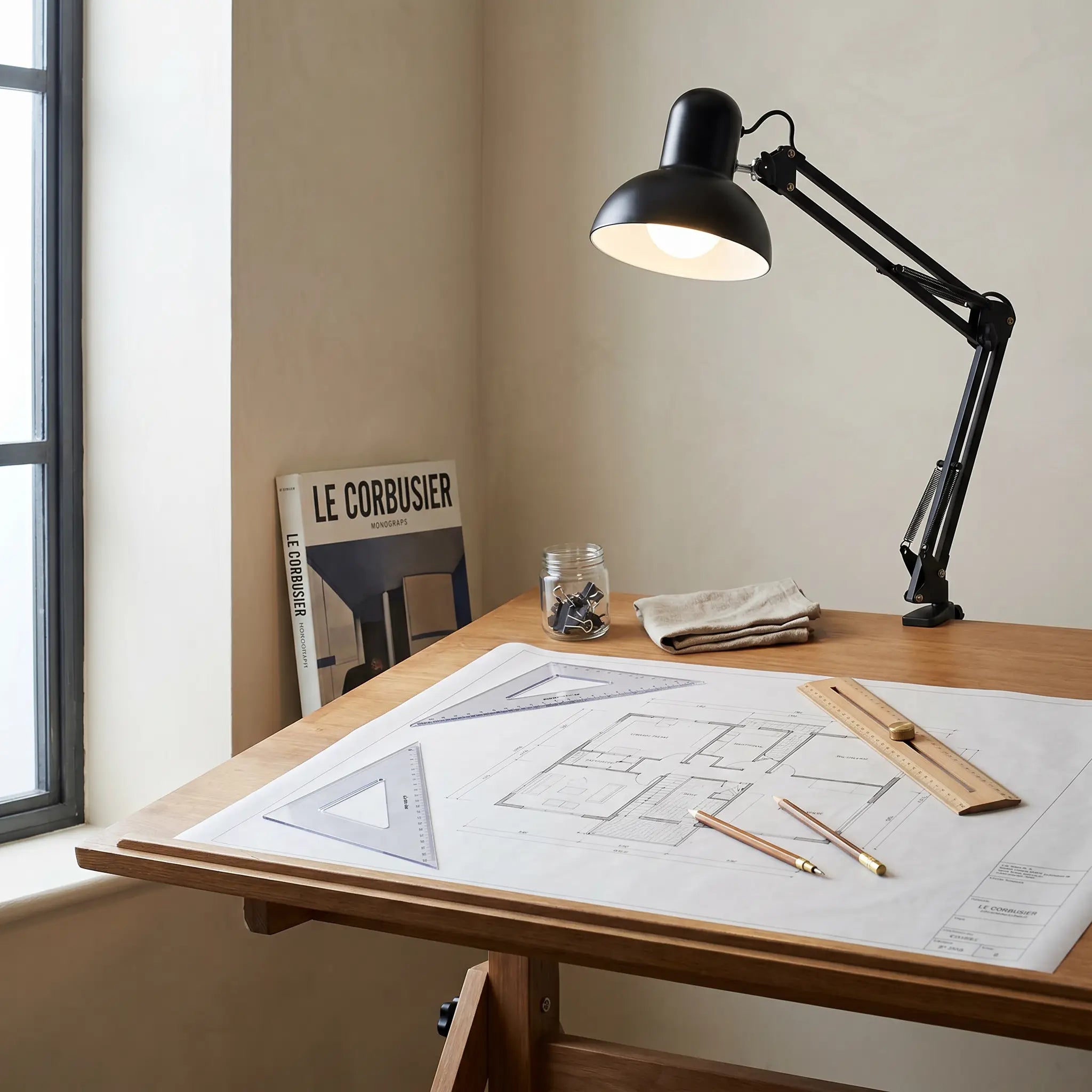 Lifestyle scene — Black Adjustable Long Arm Tri-Color 12W Clip-On Table Lamp