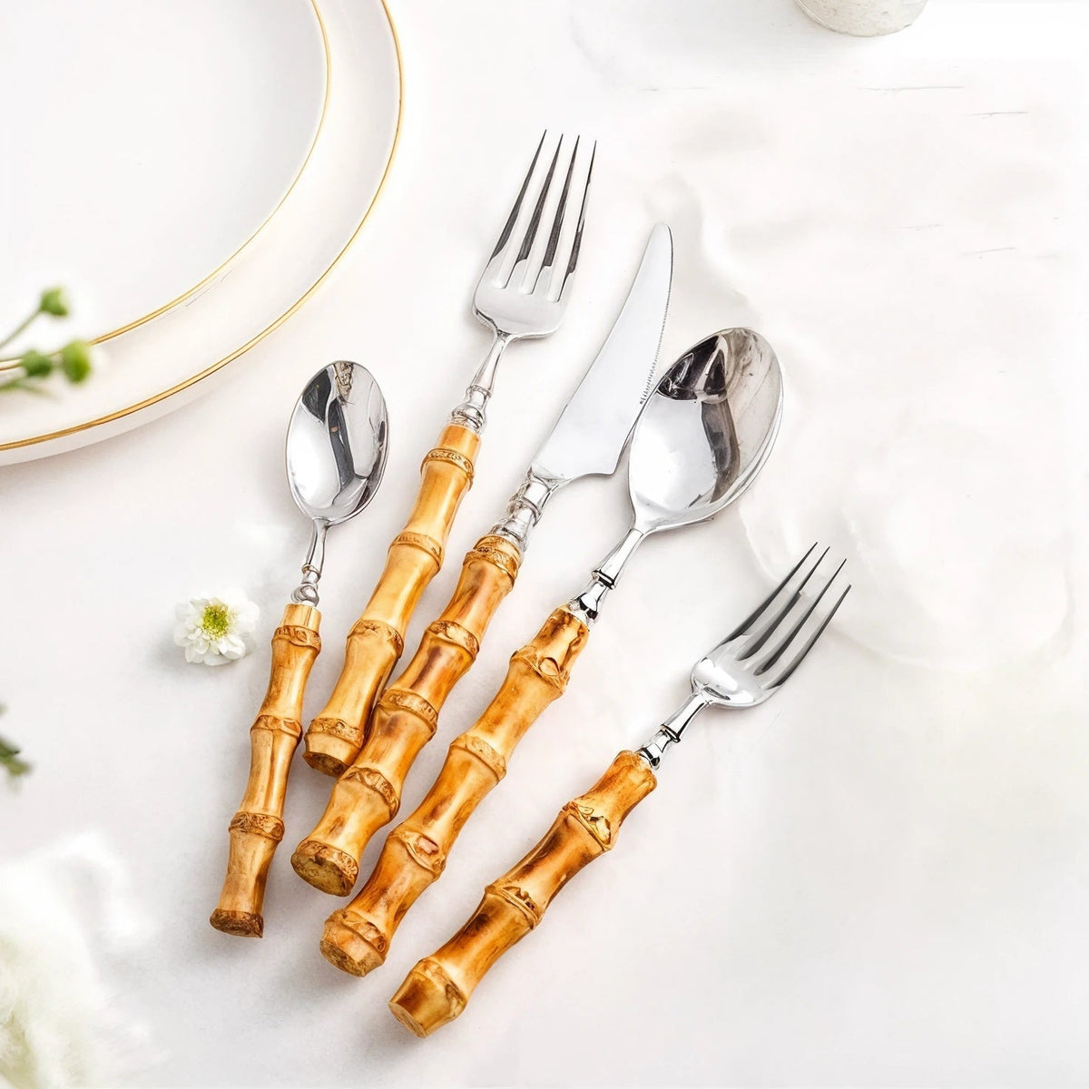 Calders Collection | Cutlery Set with Bamboo Handles & Rustic Stainless Steel for Elegant Mediterranean Dining 0