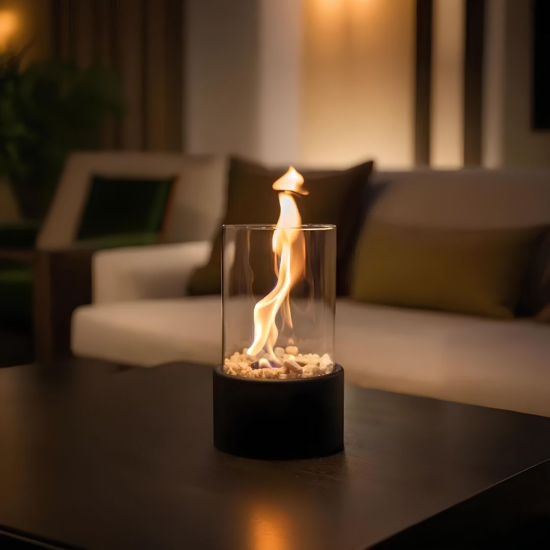 Eternal Glow oil lamp with a black base, clear glass cylinder, and a warm flame, placed on a dark table in a cozy living room setting.