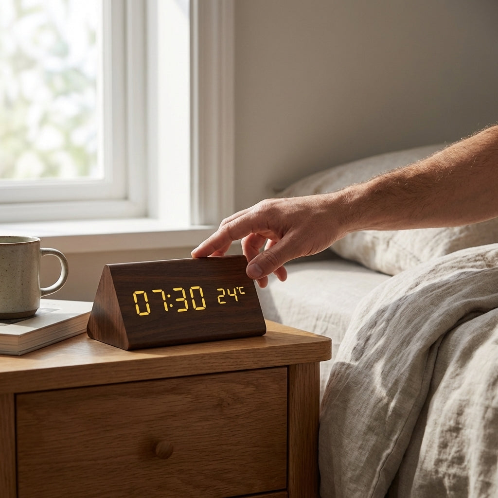 AI generated: TimberGlow | LED Wooden Clock with Voice Control and Minimalist Design