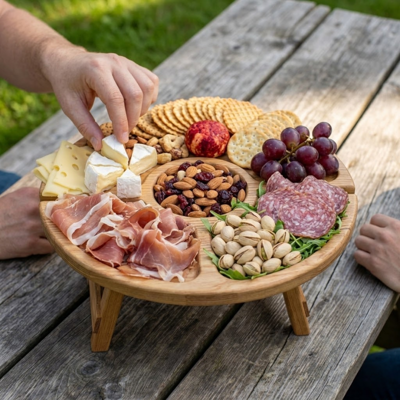 Wooden charcuterie board with meats, cheeses, and fruits on a wooden table outdoors.