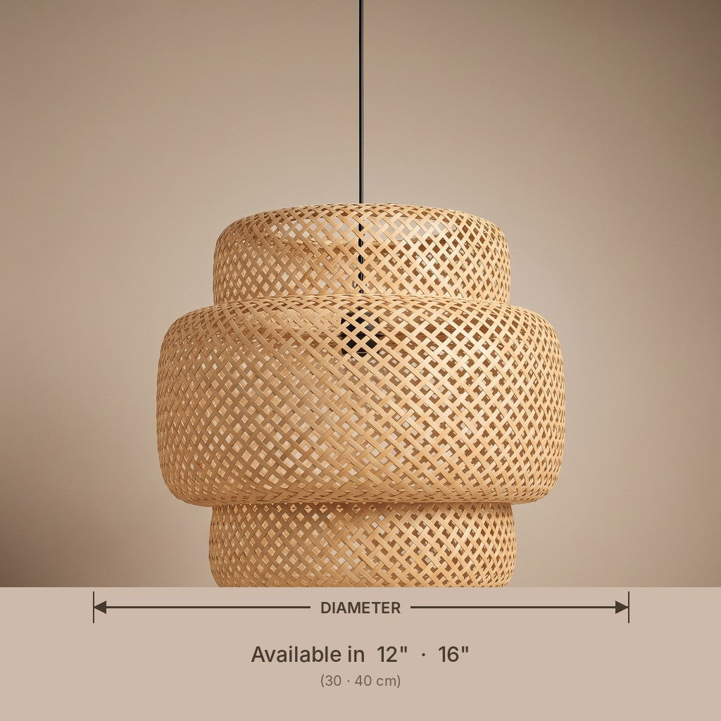 Layered bamboo pendant lamp shade dimensions and available diameters in inches
