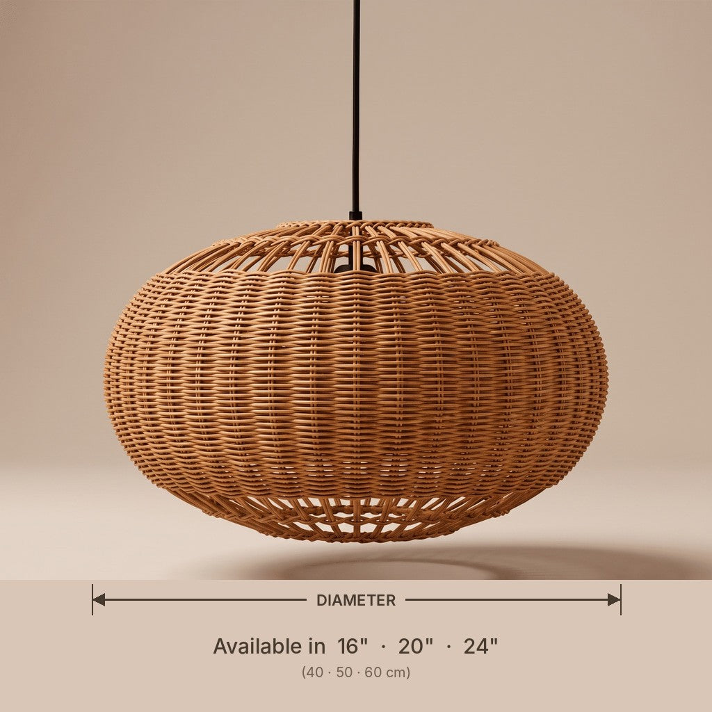 Wide wicker globe pendant lamp shade dimensions and available diameters in inches