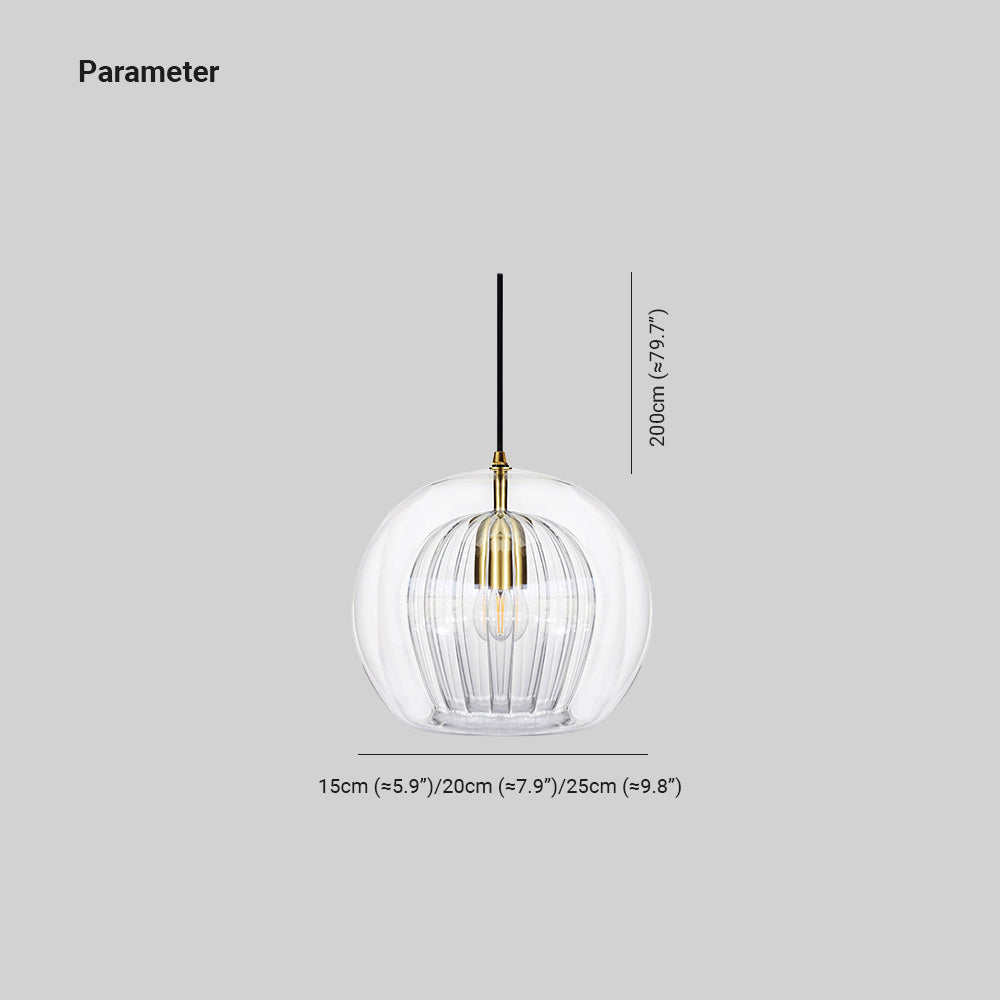 Lustre Aura LED pendant light in clear amber glass with adjustable height, showing product dimensions: 79.7 inches height, and available diameters of 5.9 inches, 7.9 inches, and 9.8 inches.