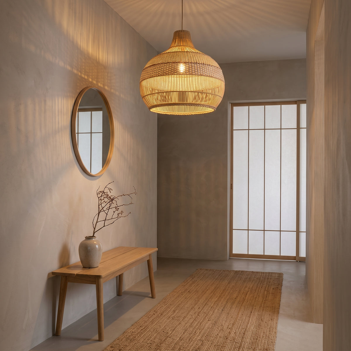 Rattan pendant lamp shade lit in a Japandi entry foyer with oak bench and round mirror