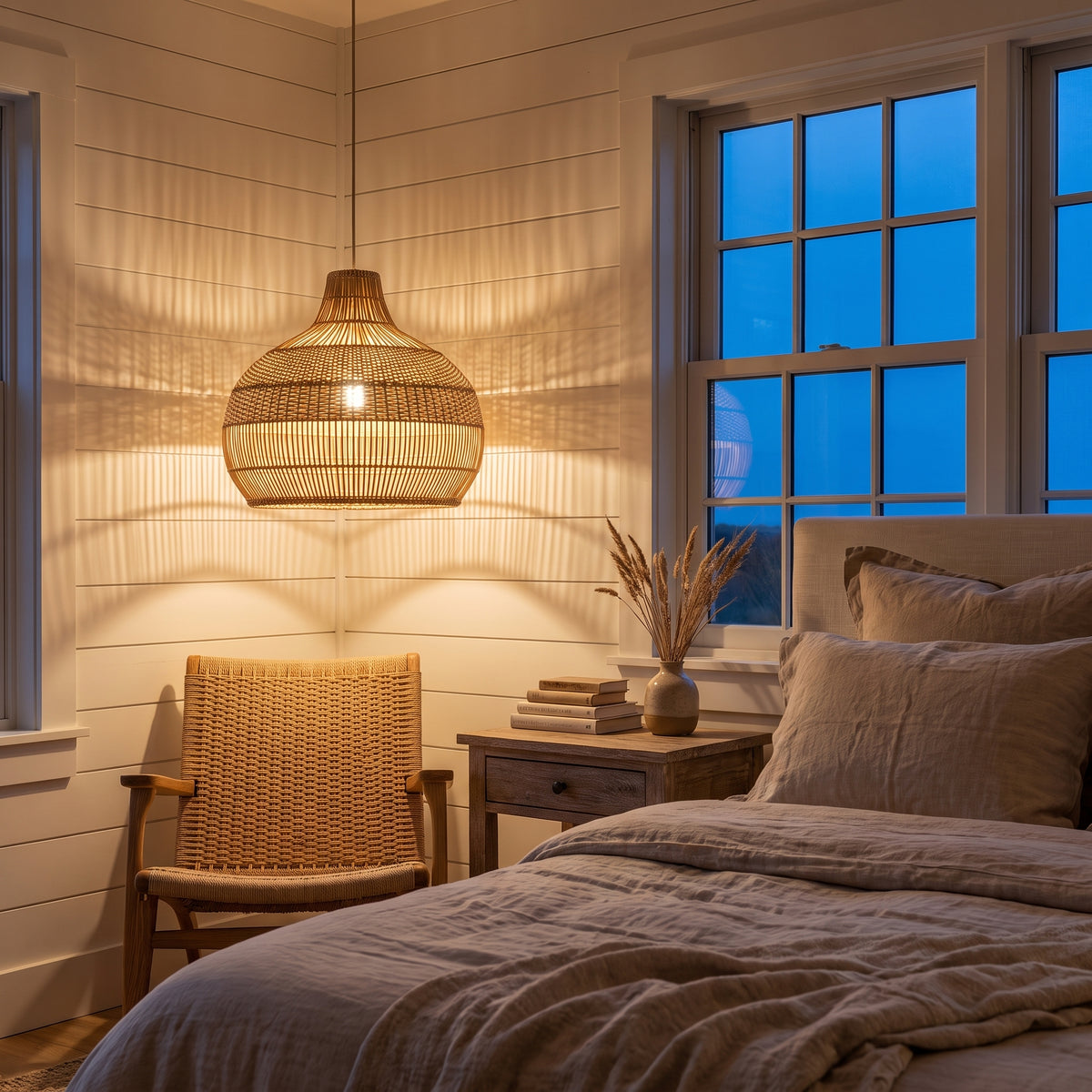 Rattan pendant lamp shade lit in a Cape Cod coastal bedroom reading corner at dusk