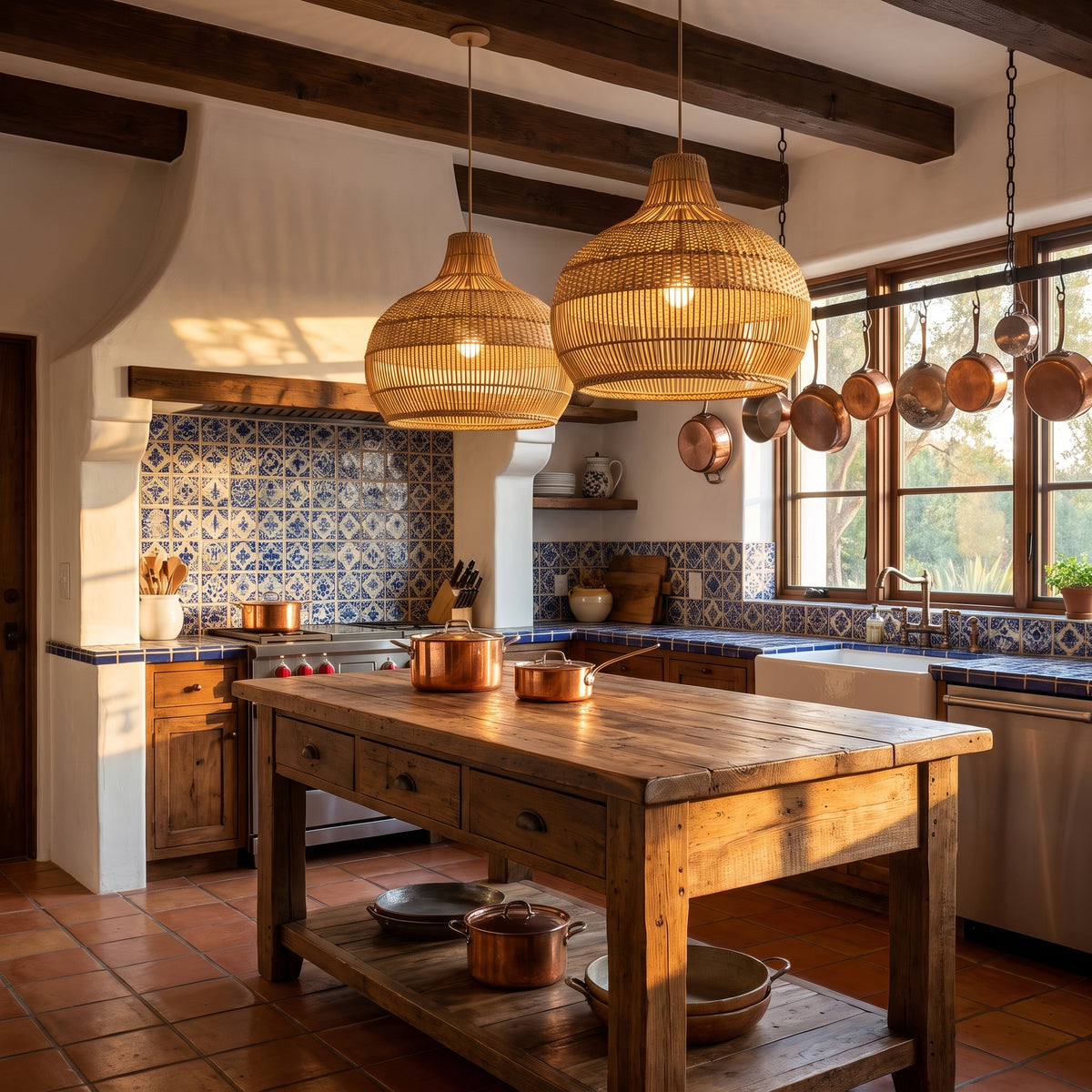 Two rattan pendant lamp shades above a rustic island in a Spanish Colonial kitchen with blue tile backsplash