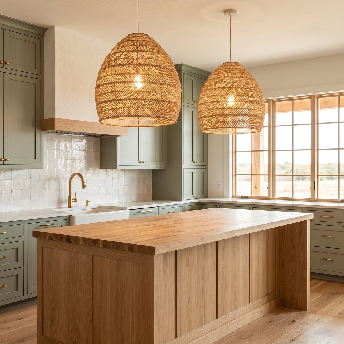 Two wicker cloche pendant lamp shades above a farmhouse kitchen island