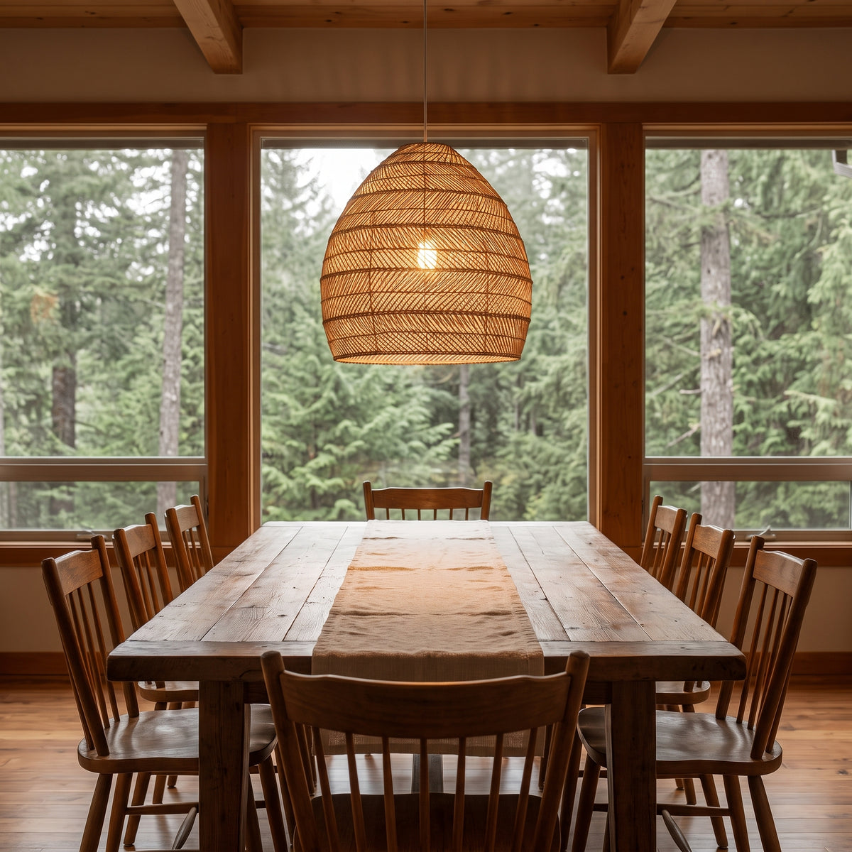 Wicker cloche pendant lamp shade above a Pacific Northwest dining table