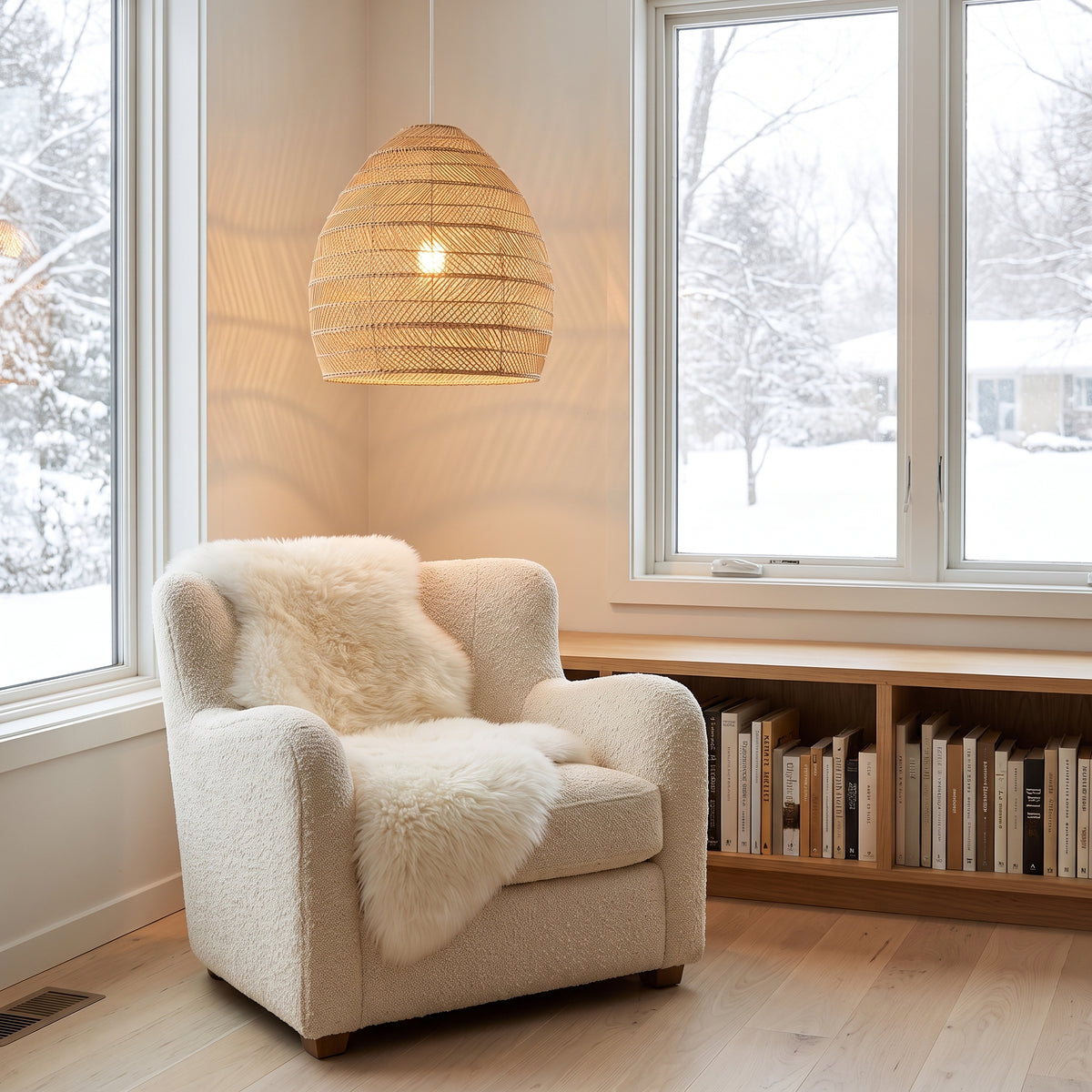Wicker cloche pendant lamp shade in a Scandinavian reading nook