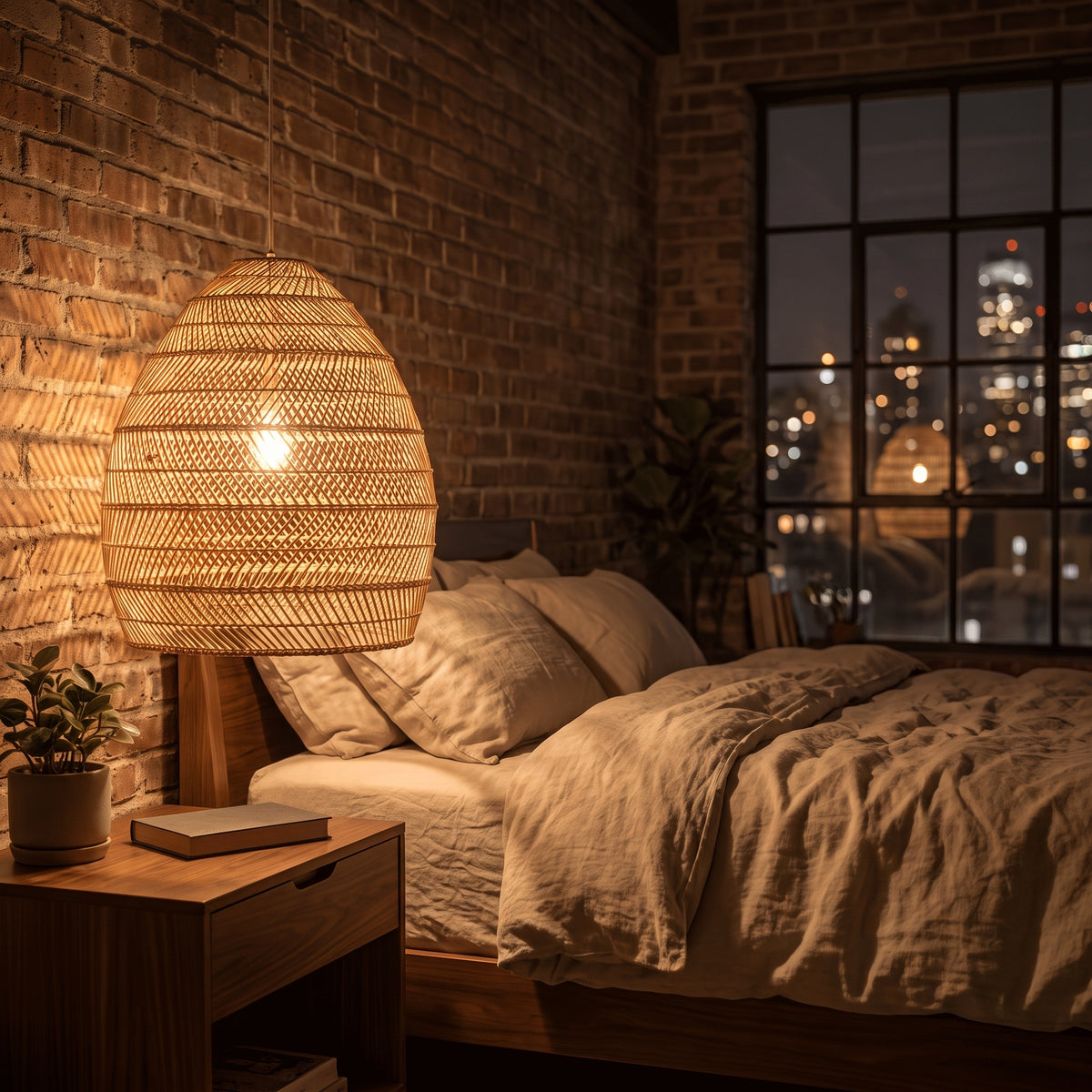 Wicker cloche pendant lamp shade in a Brooklyn loft bedroom