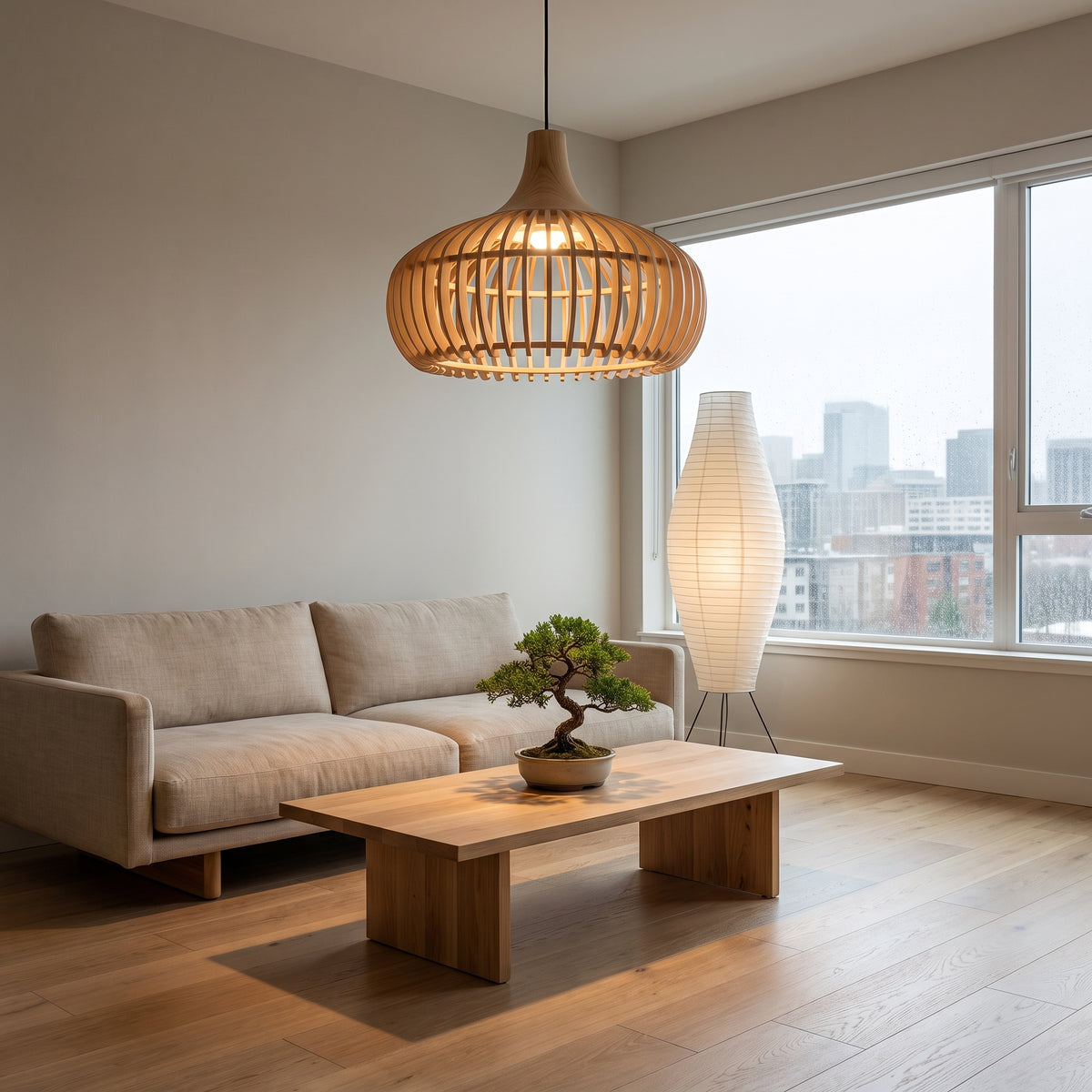 Curved wood slat pendant lamp shade in a Japandi living room