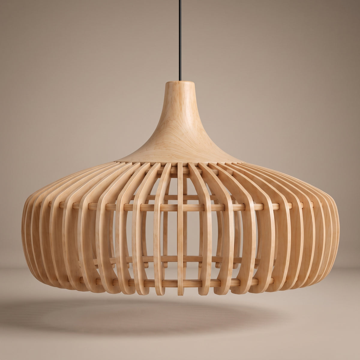 Curved wood slat pendant lamp shade unlit, three-quarter view showing the natural texture