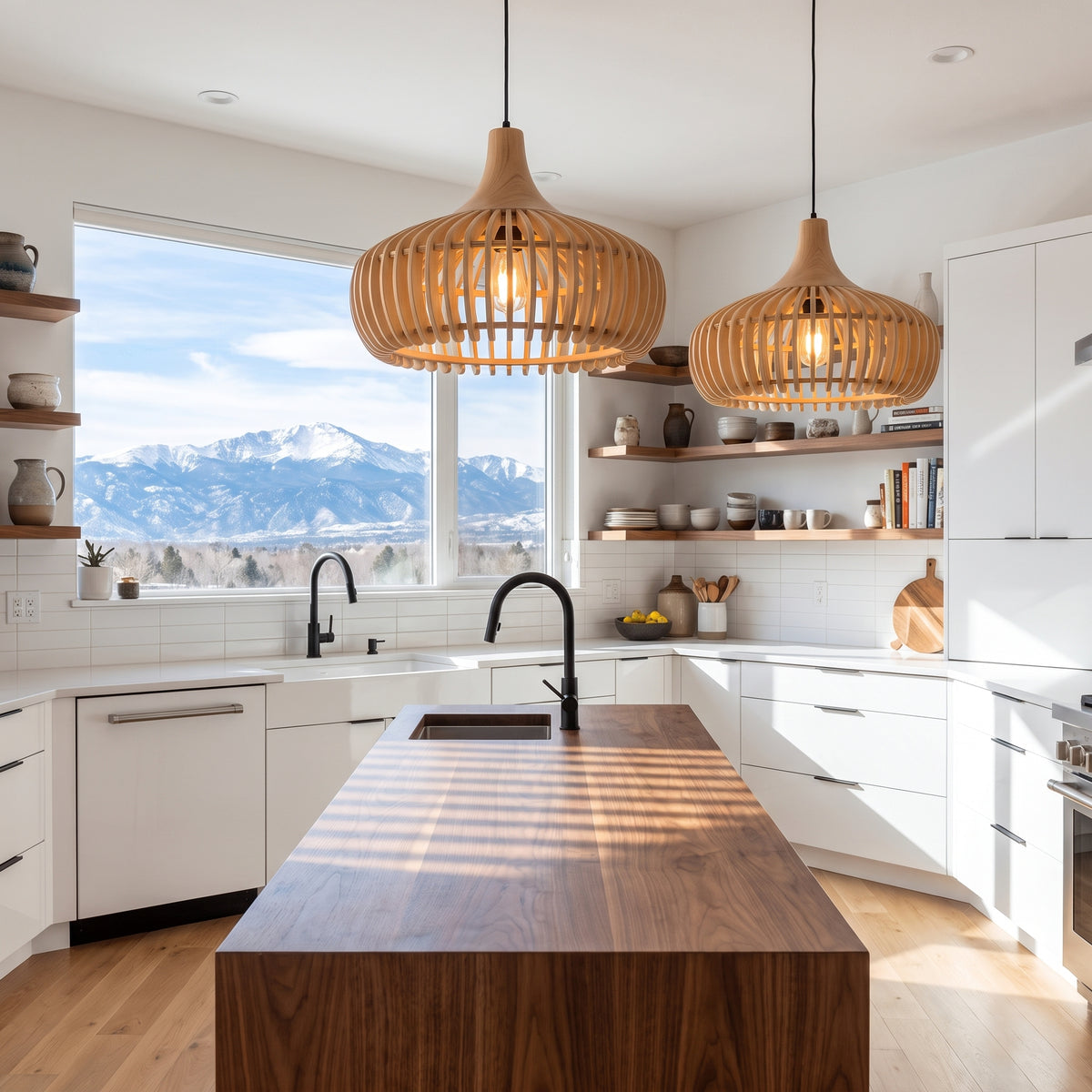 Curved wood slat pendant lamp shades above a modern kitchen island