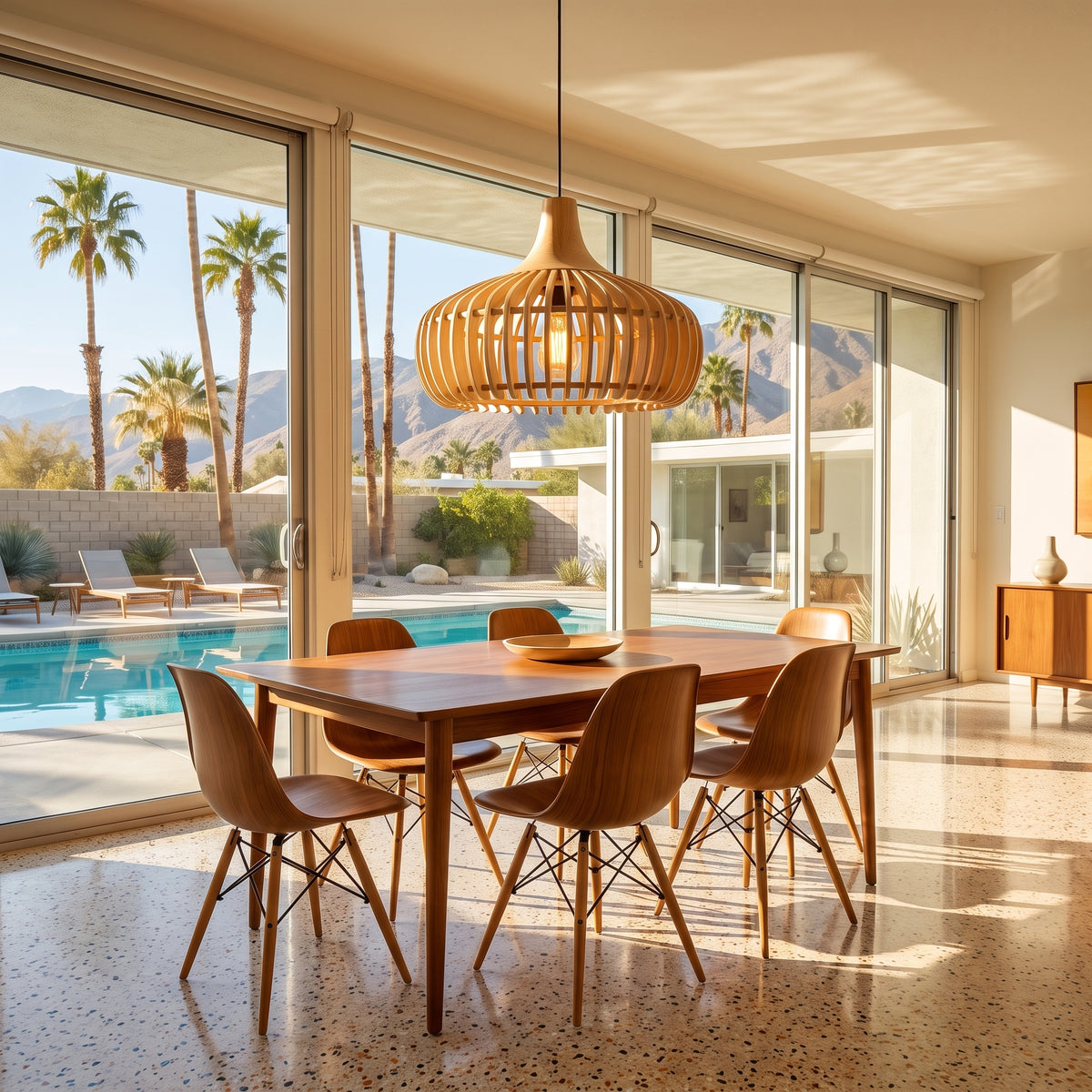 Curved wood slat pendant lamp shade above a mid-century Palm Springs dining table