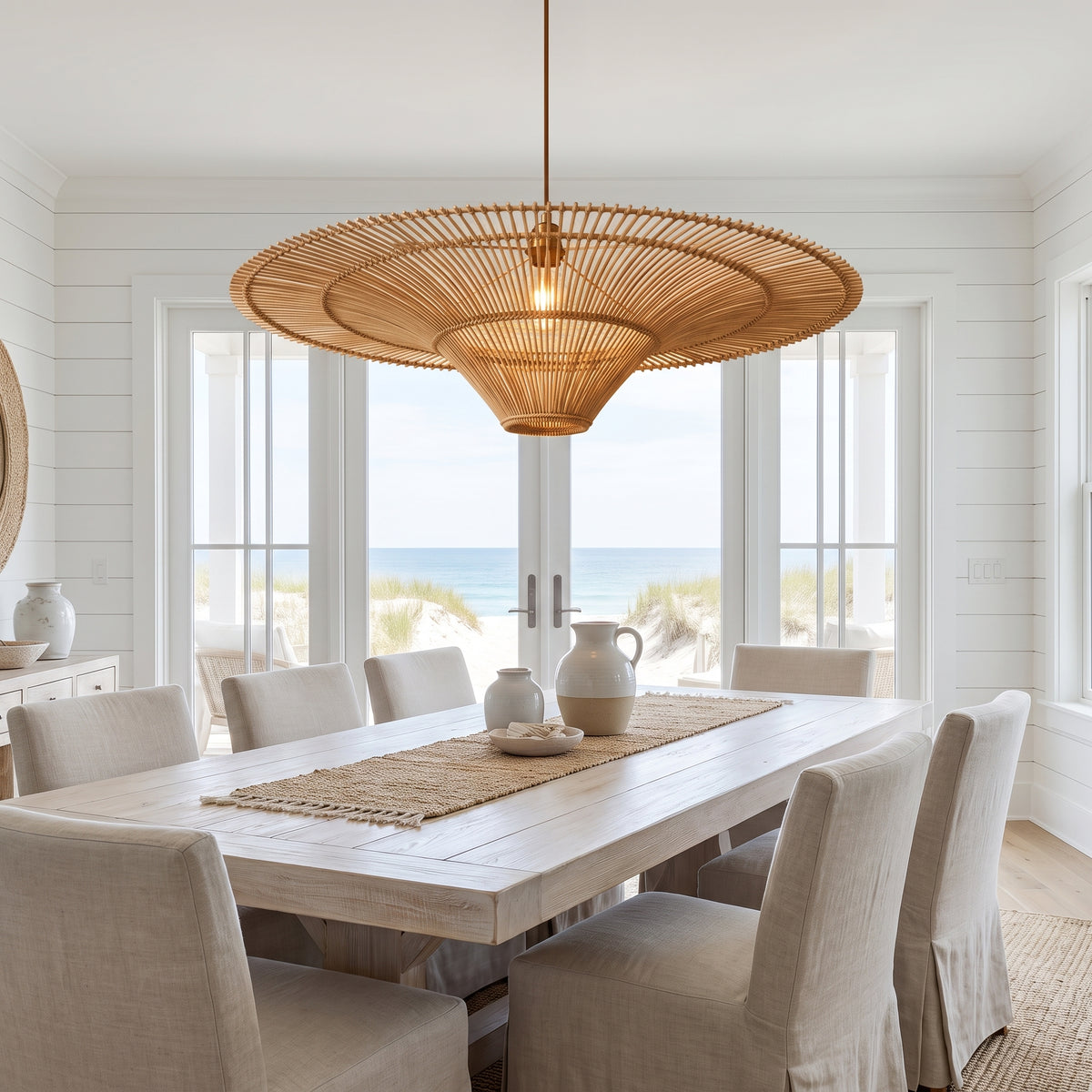 Oversized flat wicker pendant lamp shade above a Hamptons beach house dining table