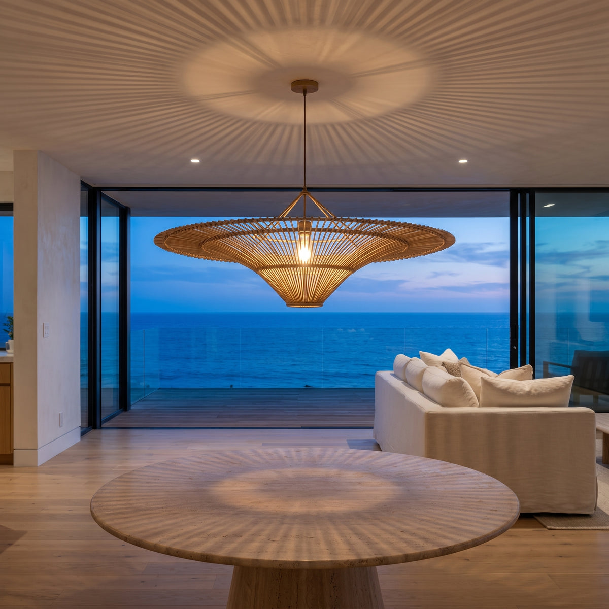 Oversized flat wicker pendant lamp shade in a Malibu open-plan living room