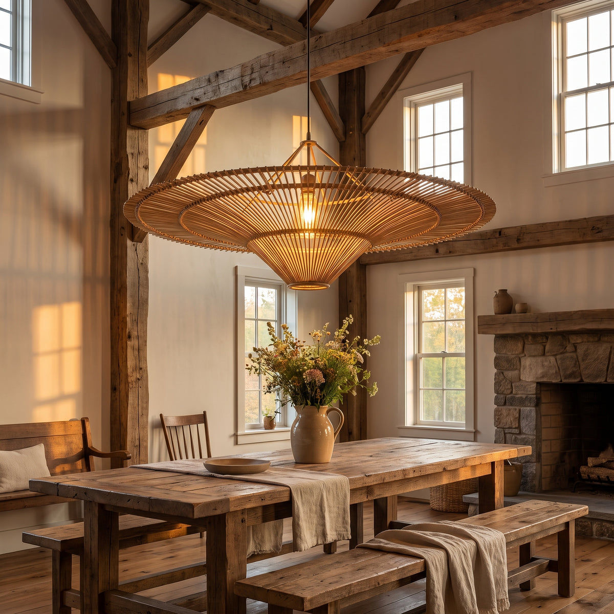Oversized flat wicker pendant lamp shade above a farm table in a converted barn