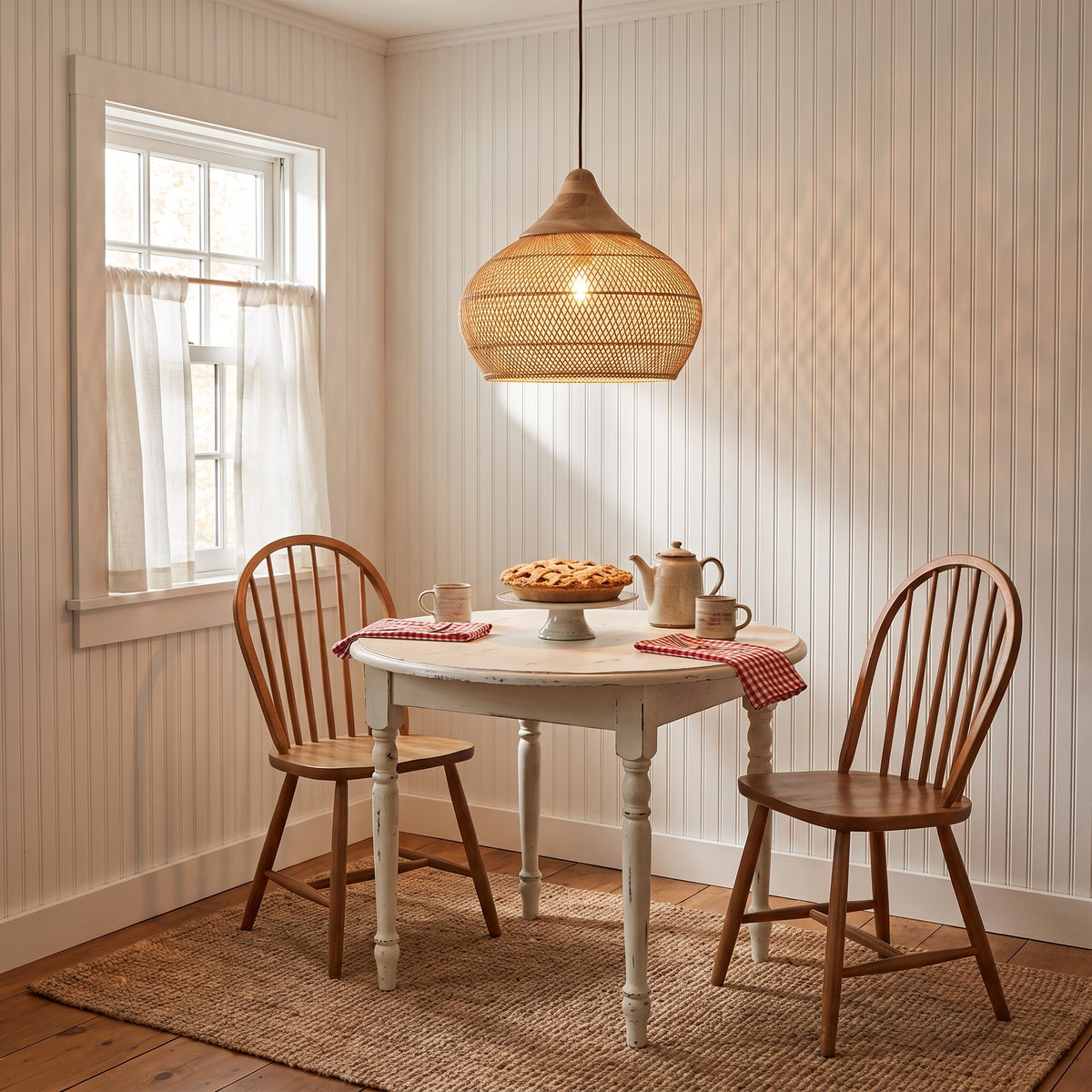 Wicker gourd pendant lamp shade in a Vermont cottage breakfast corner