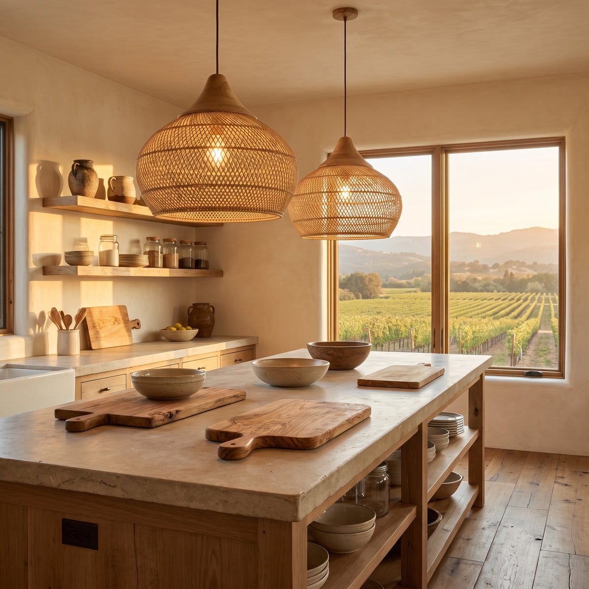 Wicker gourd pendant lamp shades above a Napa farmhouse kitchen island