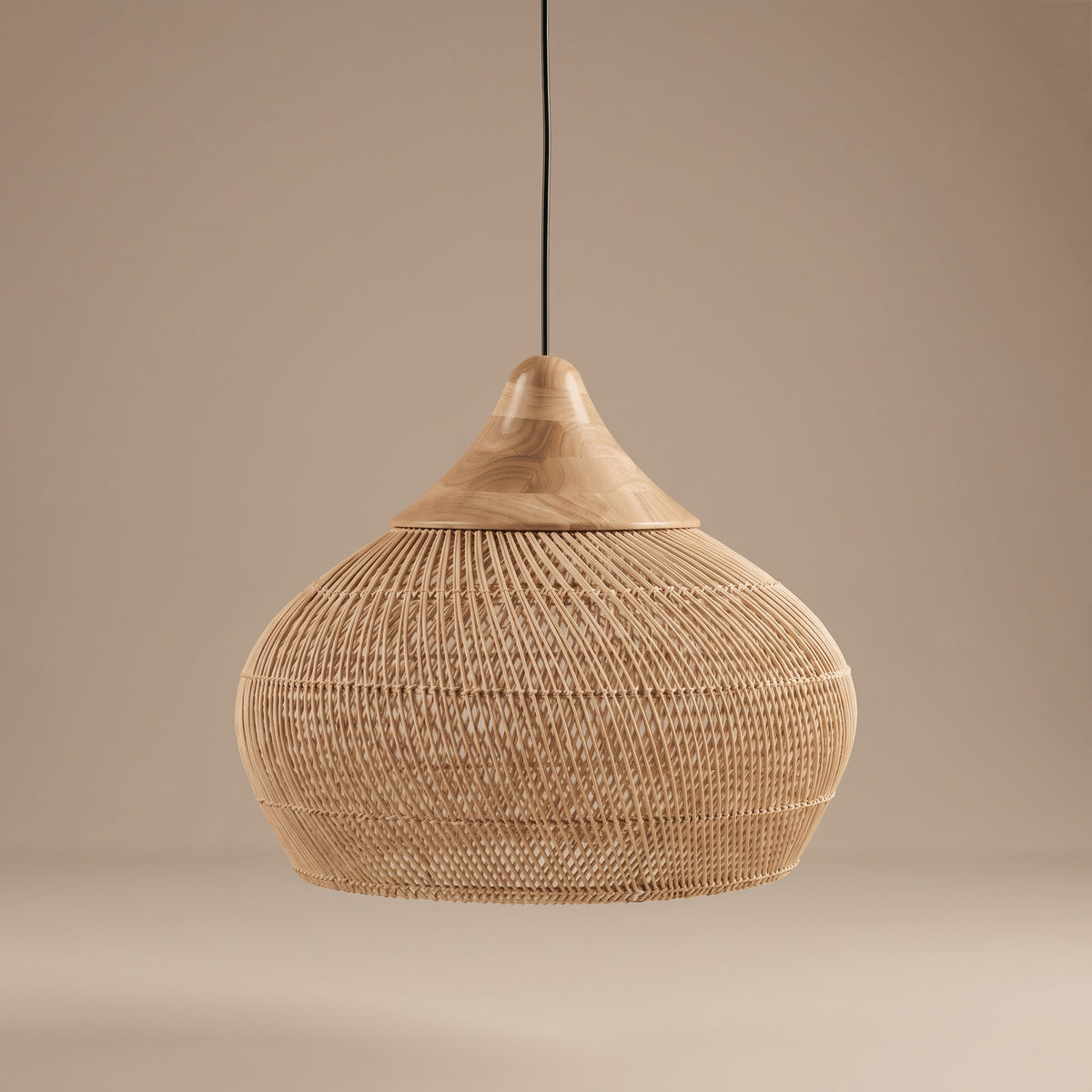 Wicker gourd pendant lamp shade with wood crown unlit, three-quarter view