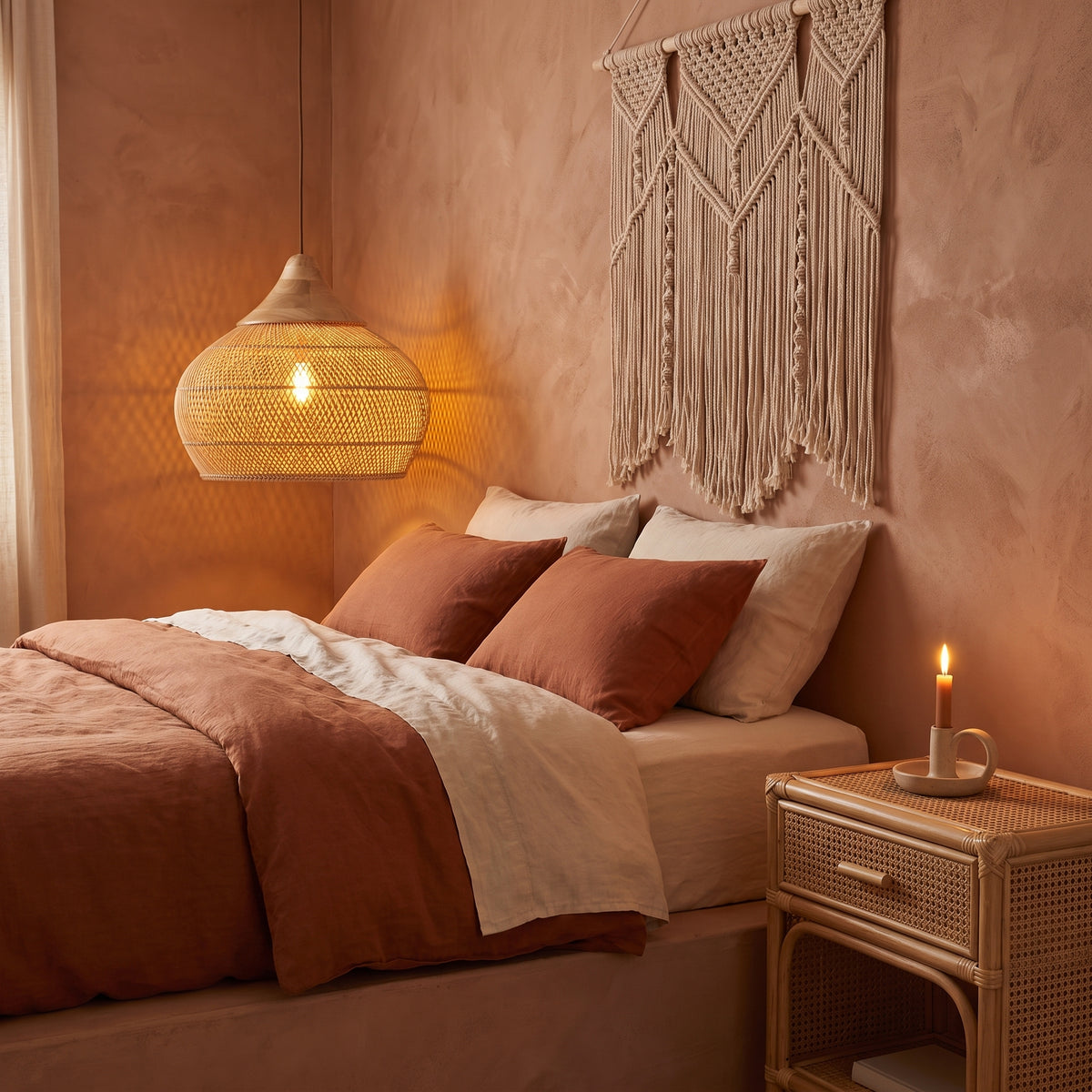 Wicker gourd pendant lamp shade beside the bed in a boho bedroom