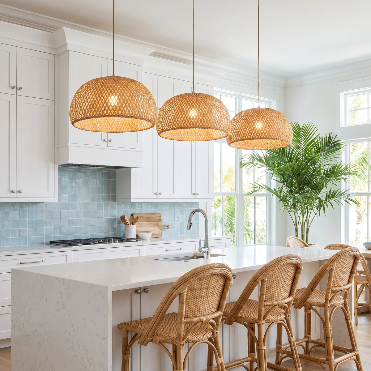 Three bamboo dome pendant lamp shades above a Florida coastal kitchen island