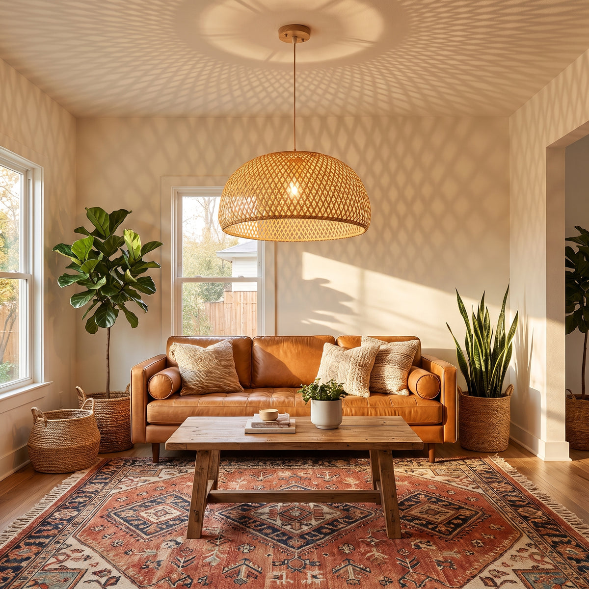 Bamboo dome pendant lamp shade above the coffee table in a boho living room