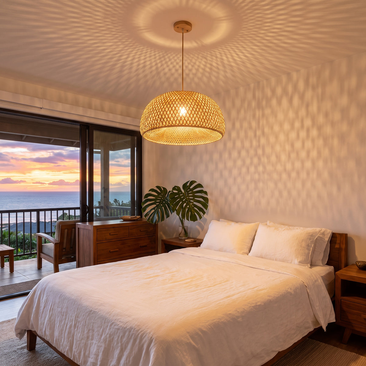 Bamboo dome pendant lamp shade above the bed in a Maui bedroom