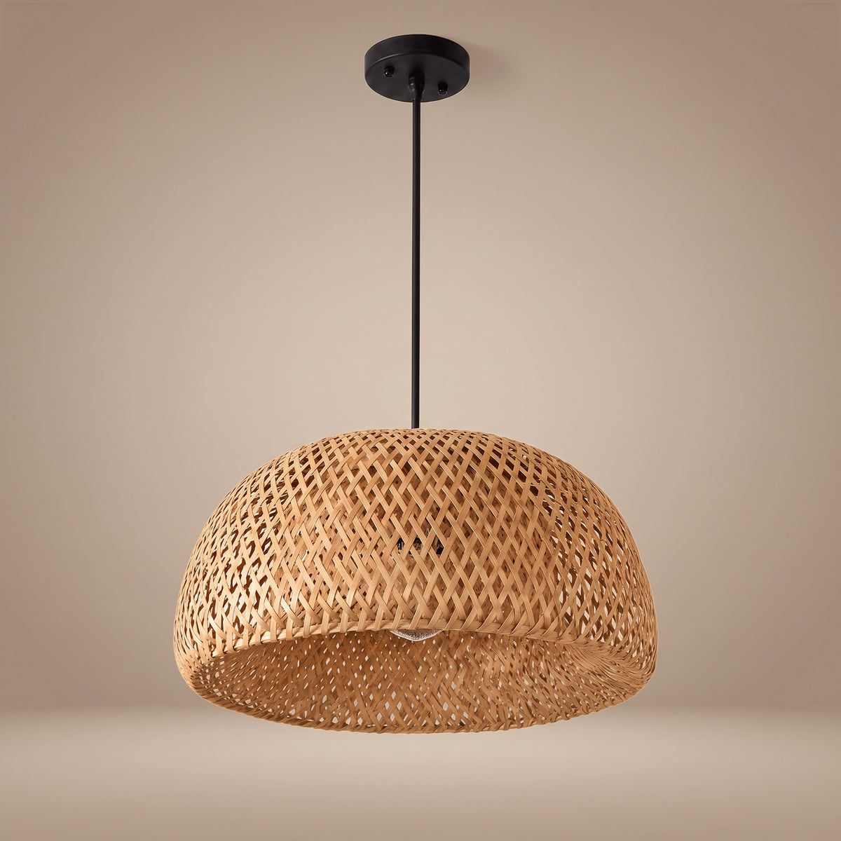 Bamboo dome pendant lamp shade unlit, three-quarter view showing the open weave