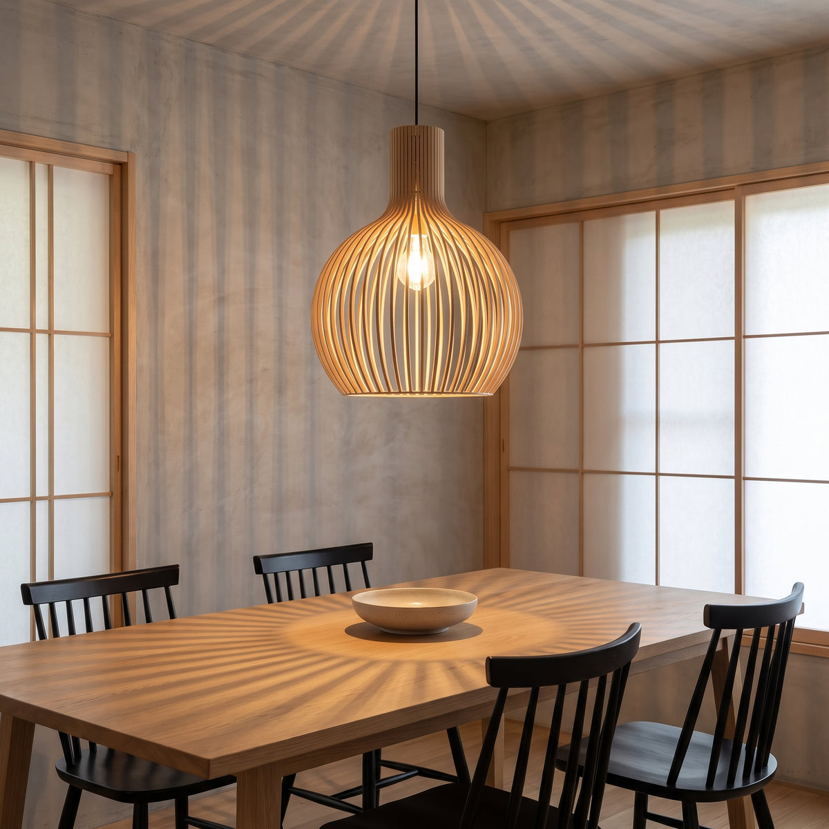 Wooden slat cage pendant lamp shade above a Japandi dining table
