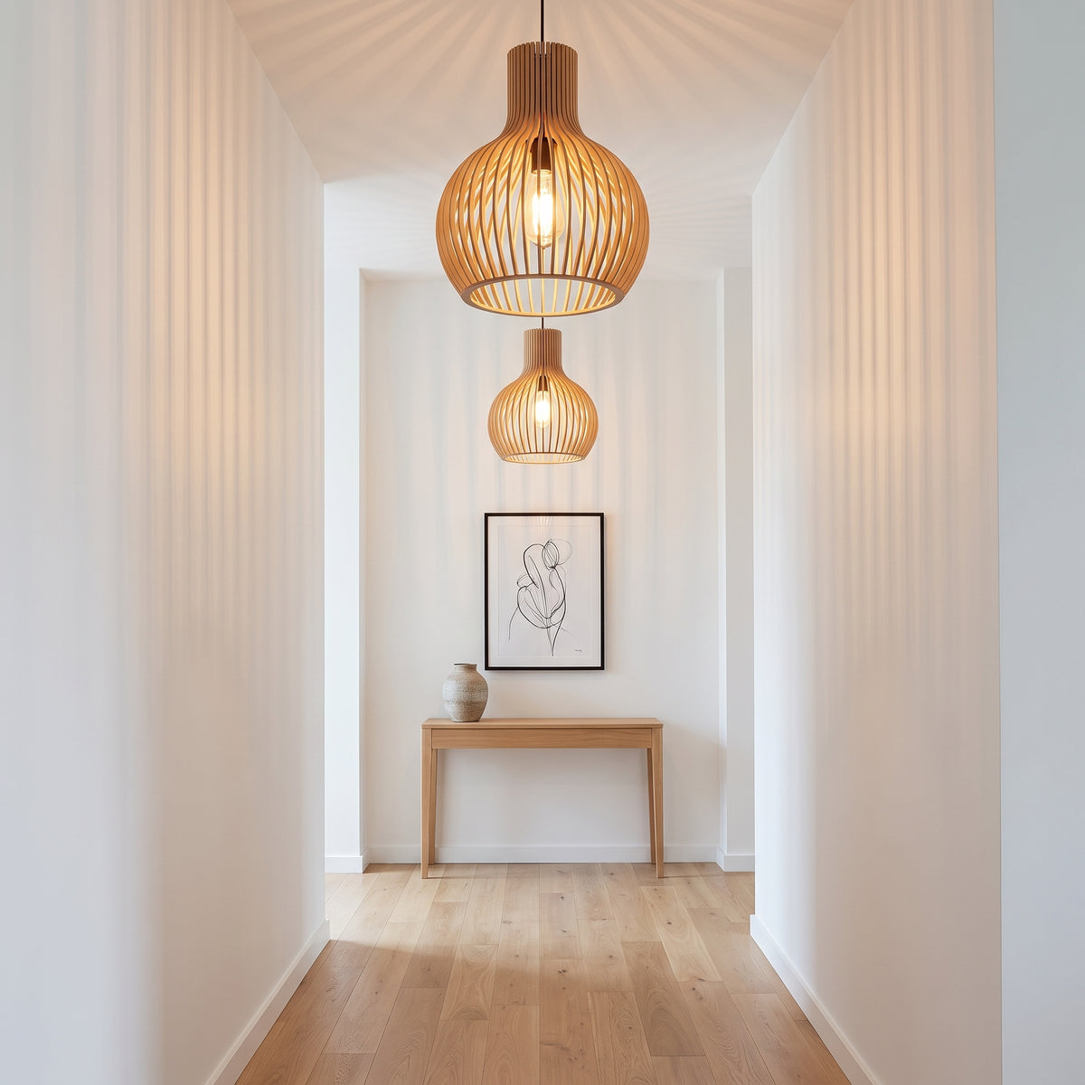 Wooden slat cage pendant lamp shades along a Scandinavian hallway